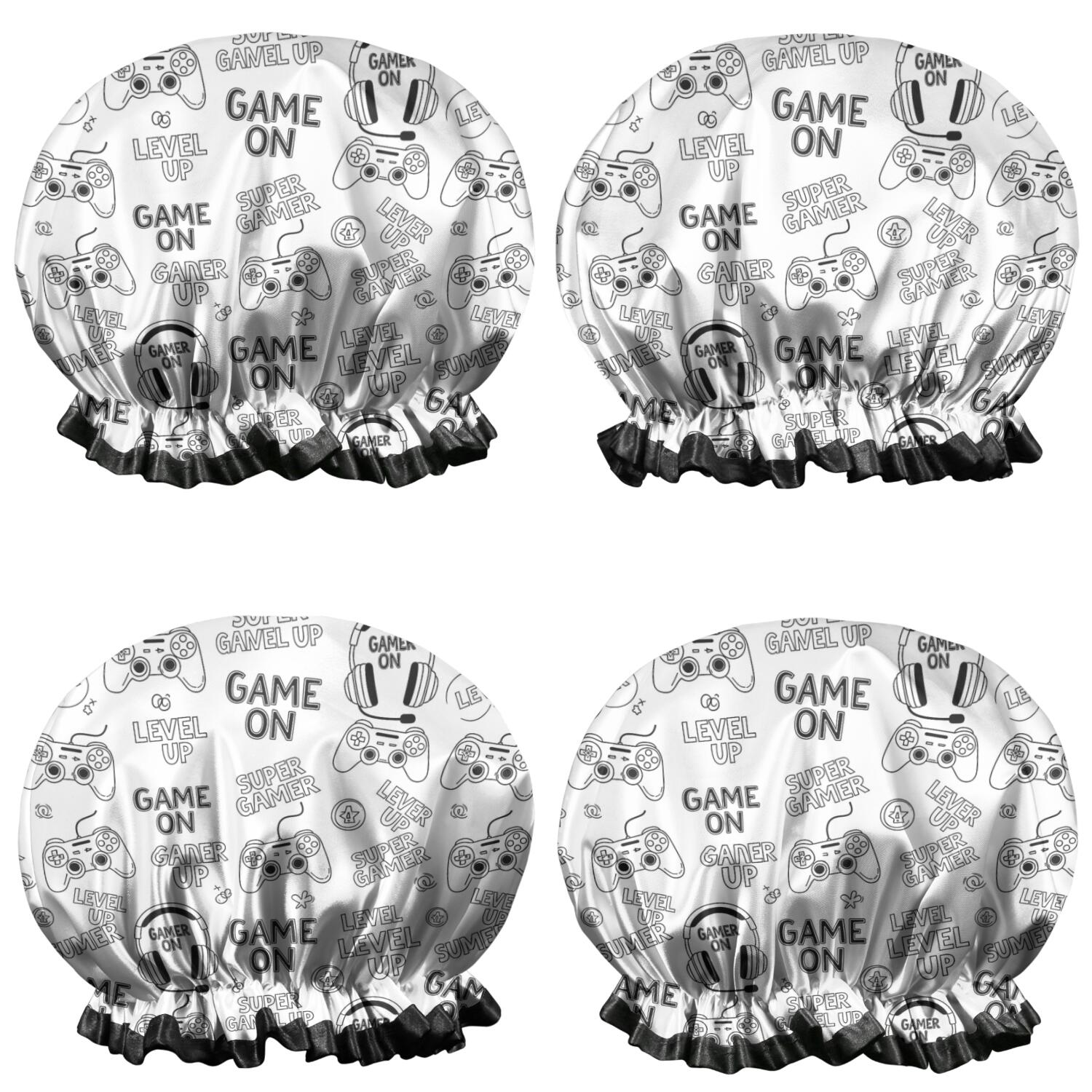 Shower Caps,Black Controllers Games Icons White Pattern Waterproof Shower Cap for Women 4 Pieces,Double Reusable Hair Cover for Shower PEVA Elastic Stretch Hem