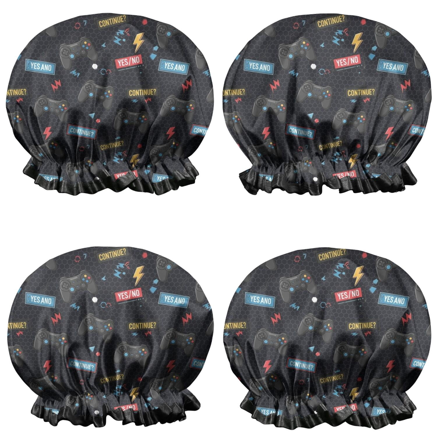 Shower Caps,Black Controllers Games Labels Black Pattern Waterproof Shower Cap for Women 4 Pieces,Double Reusable Hair Cover for Shower PEVA Elastic Stretch Hem