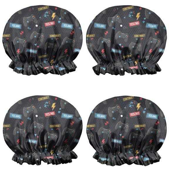 Shower Caps,Black Controllers Games Labels Black Pattern Waterproof Shower Cap for Women 4 Pieces,Double Reusable Hair Cover for Shower PEVA Elastic Stretch Hem