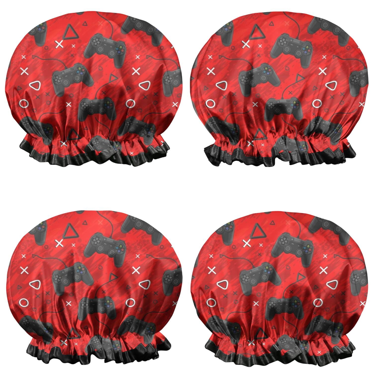 Shower Caps,Black Controllers Games Symbols Red Pattern Waterproof Shower Cap for Women 4 Pieces,Double Reusable Hair Cover for Shower PEVA Elastic Stretch Hem