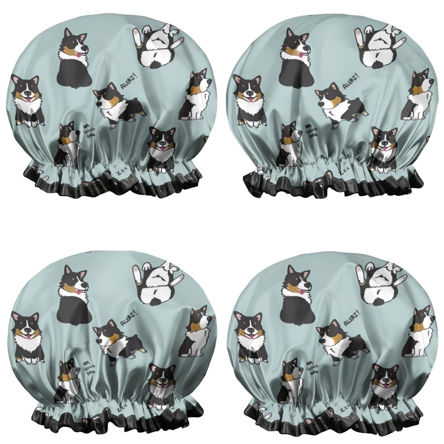 Shower Caps,Black Corgi Waterproof Shower Cap for Women 4 Pieces,Double Reusable Hair Cover for Shower PEVA Elastic Stretch Hem