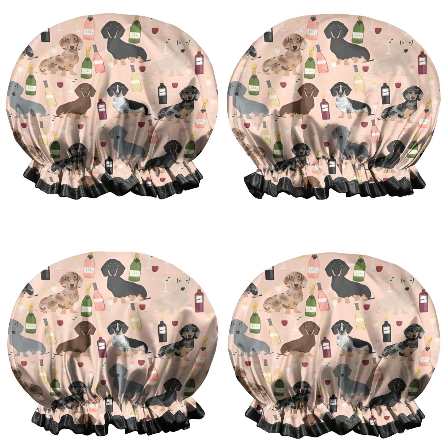 Shower Caps,Black Cute Dachshund Dog and Wine Waterproof Shower Cap for Women 4 Pieces,Double Reusable Hair Cover for Shower PEVA Elastic Stretch Hem