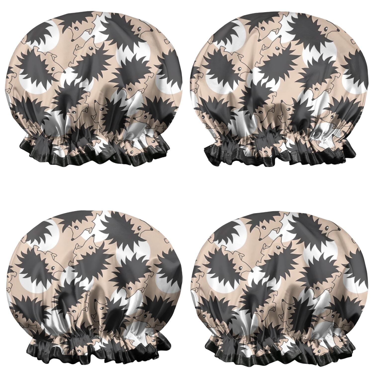 Shower Caps,Black Cute Hedgehog Pattern Waterproof Shower Cap for Women 4 Pieces,Double Reusable Hair Cover for Shower PEVA Elastic Stretch Hem