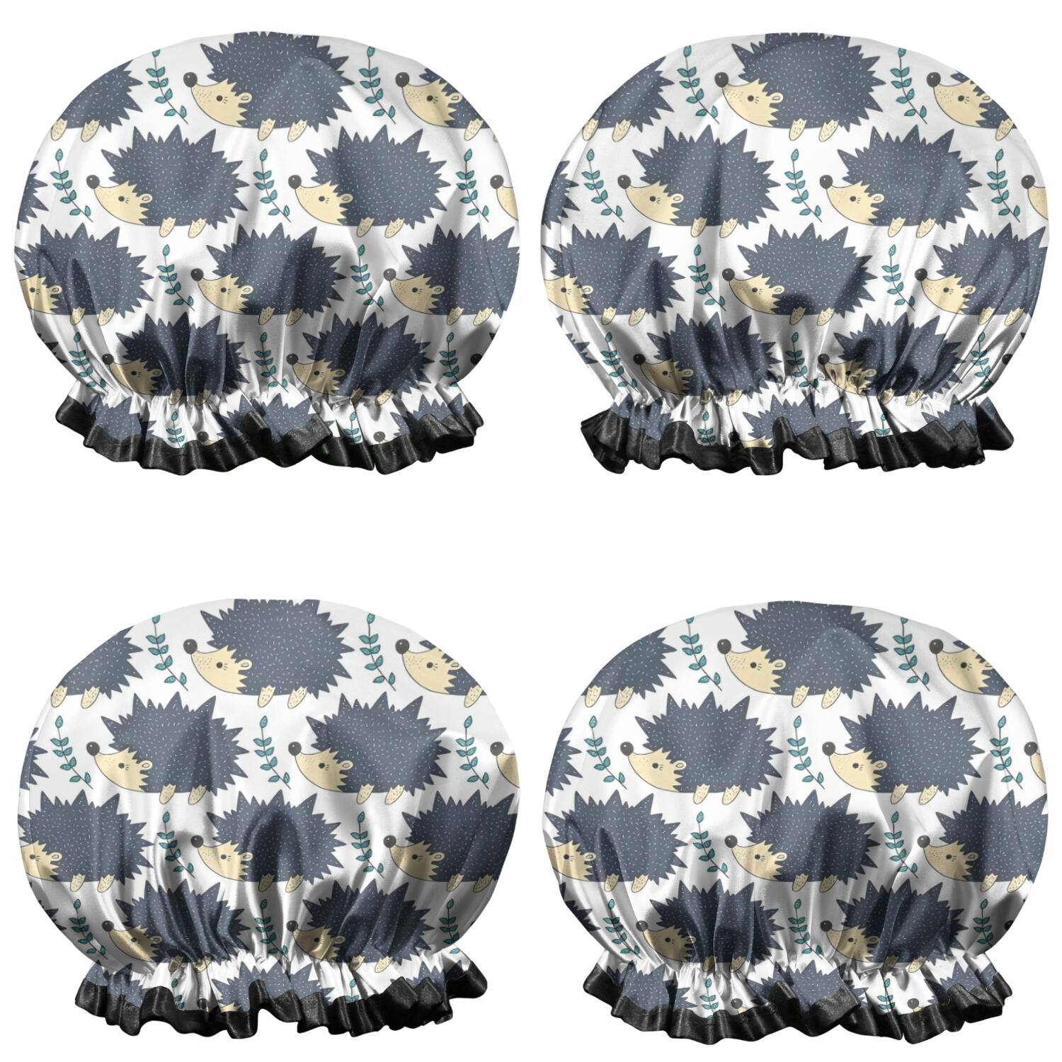 Shower Caps,Black Cute Hedgehog Pattern Waterproof Shower Cap for Women 4 Pieces,Double Reusable Hair Cover for Shower PEVA Elastic Stretch Hem