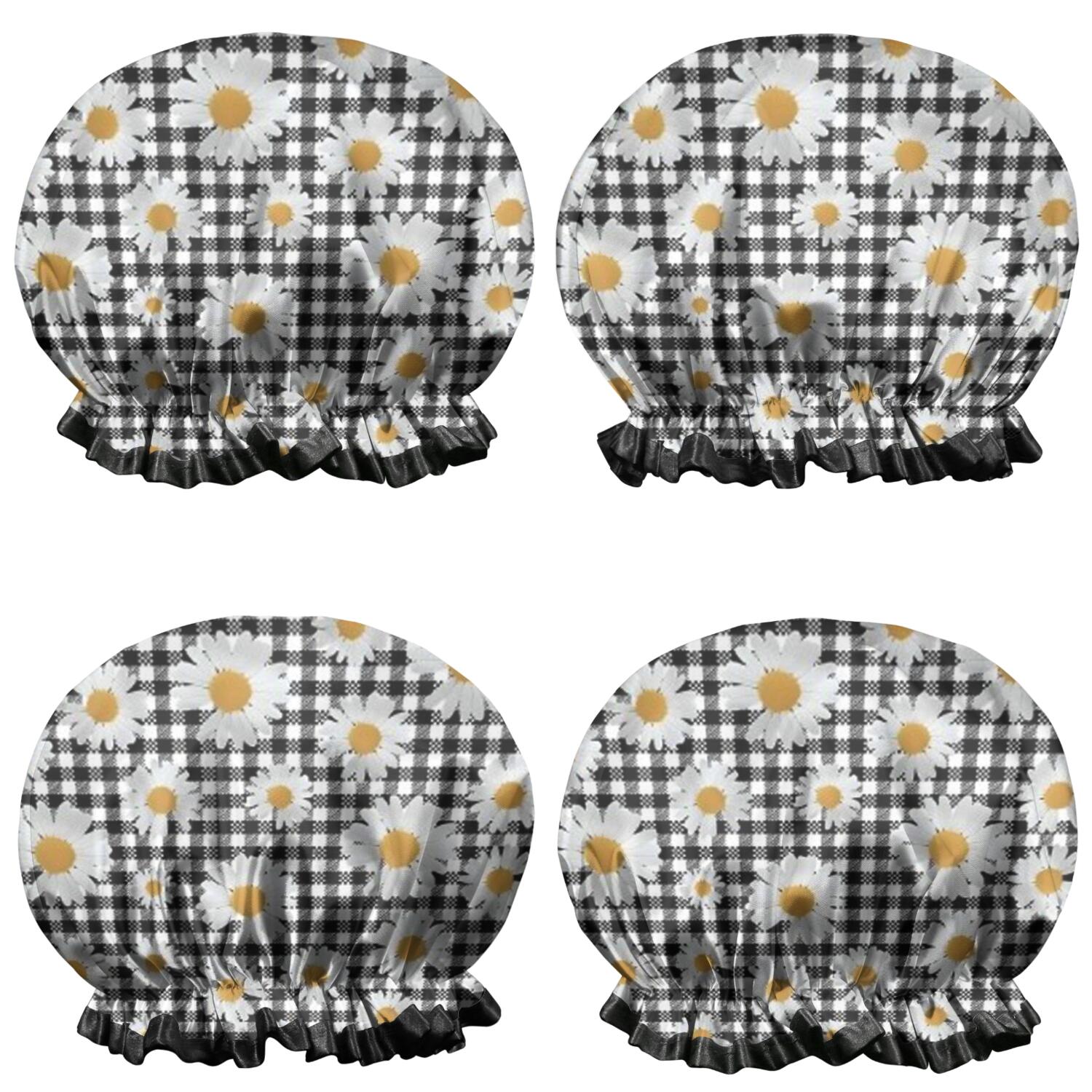 Shower Caps,Black Daisy Flower Checkered Pattern Waterproof Shower Cap for Women 4 Pieces,Double Reusable Hair Cover for Shower PEVA Elastic Stretch Hem