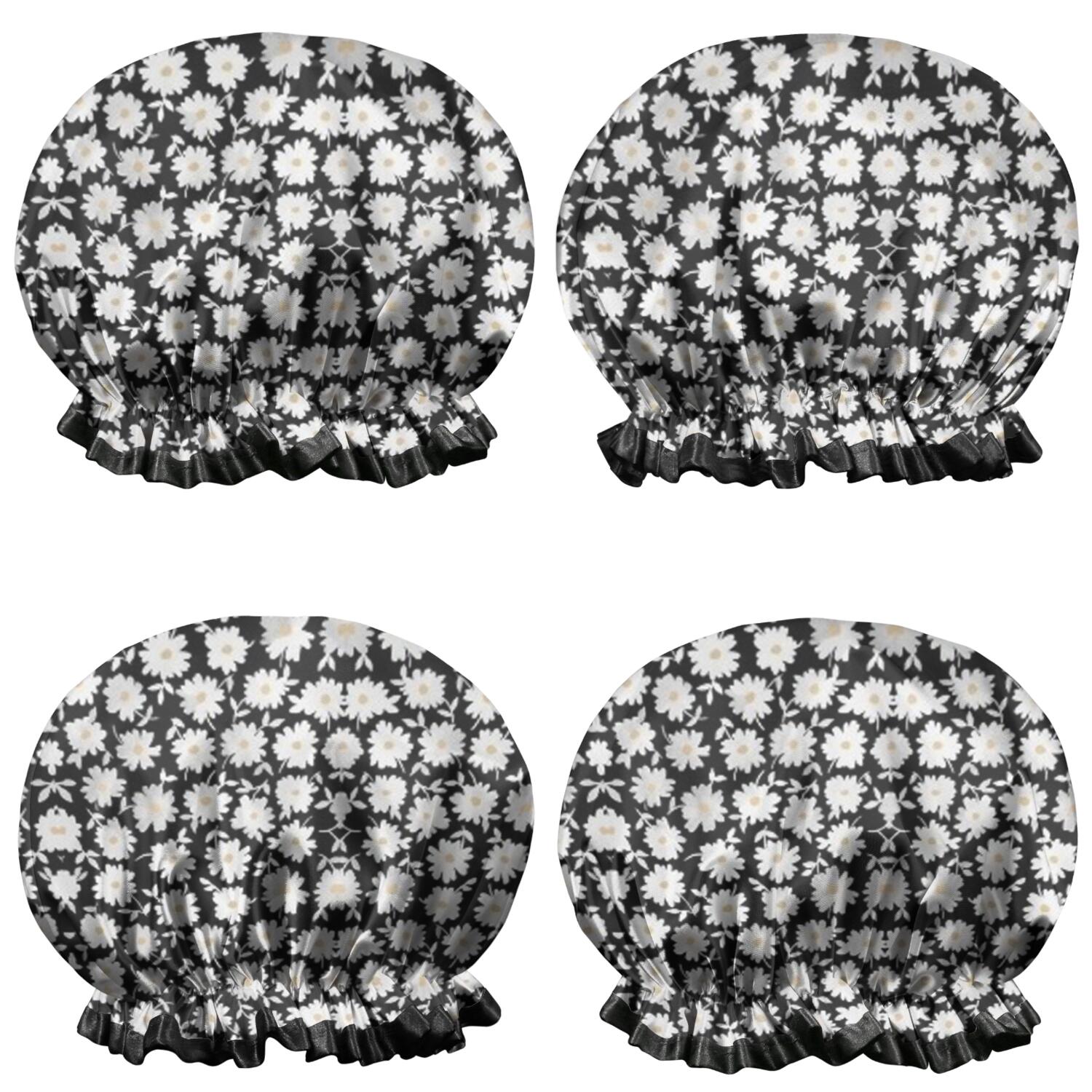 Shower Caps,Black Daisy Flower Pattern Waterproof Shower Cap for Women 4 Pieces,Double Reusable Hair Cover for Shower PEVA Elastic Stretch Hem