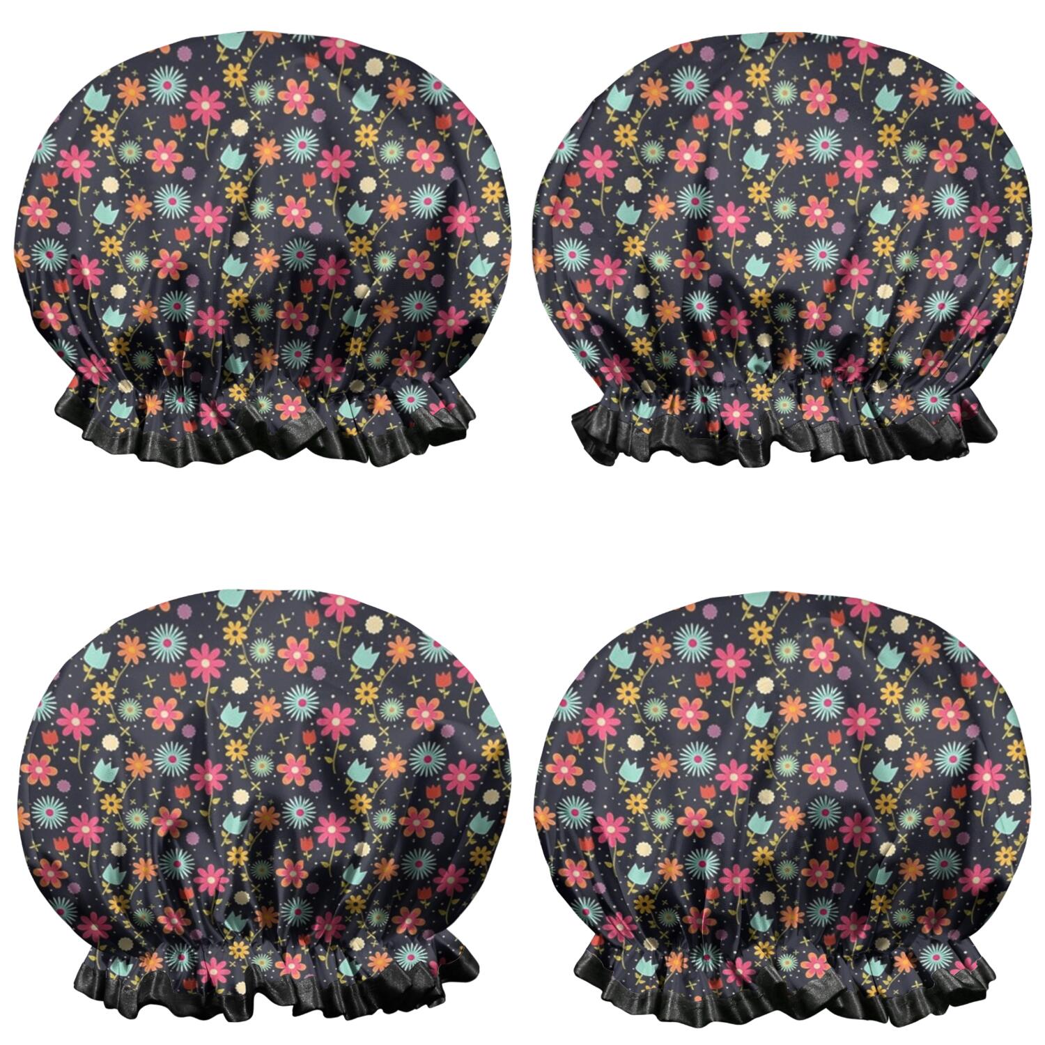 Shower Caps,Black Daisy Flower Pattern Waterproof Shower Cap for Women 4 Pieces,Double Reusable Hair Cover for Shower PEVA Elastic Stretch Hem