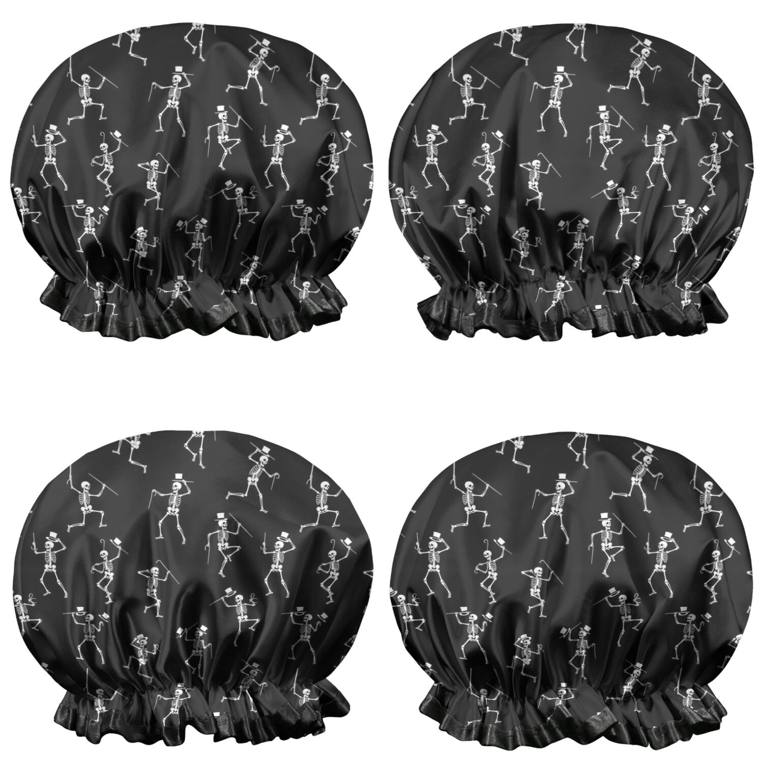 Shower Caps,Black Dancing Skeleton Pattern Waterproof Shower Cap for Women 4 Pieces,Double Reusable Hair Cover for Shower PEVA Elastic Stretch Hem
