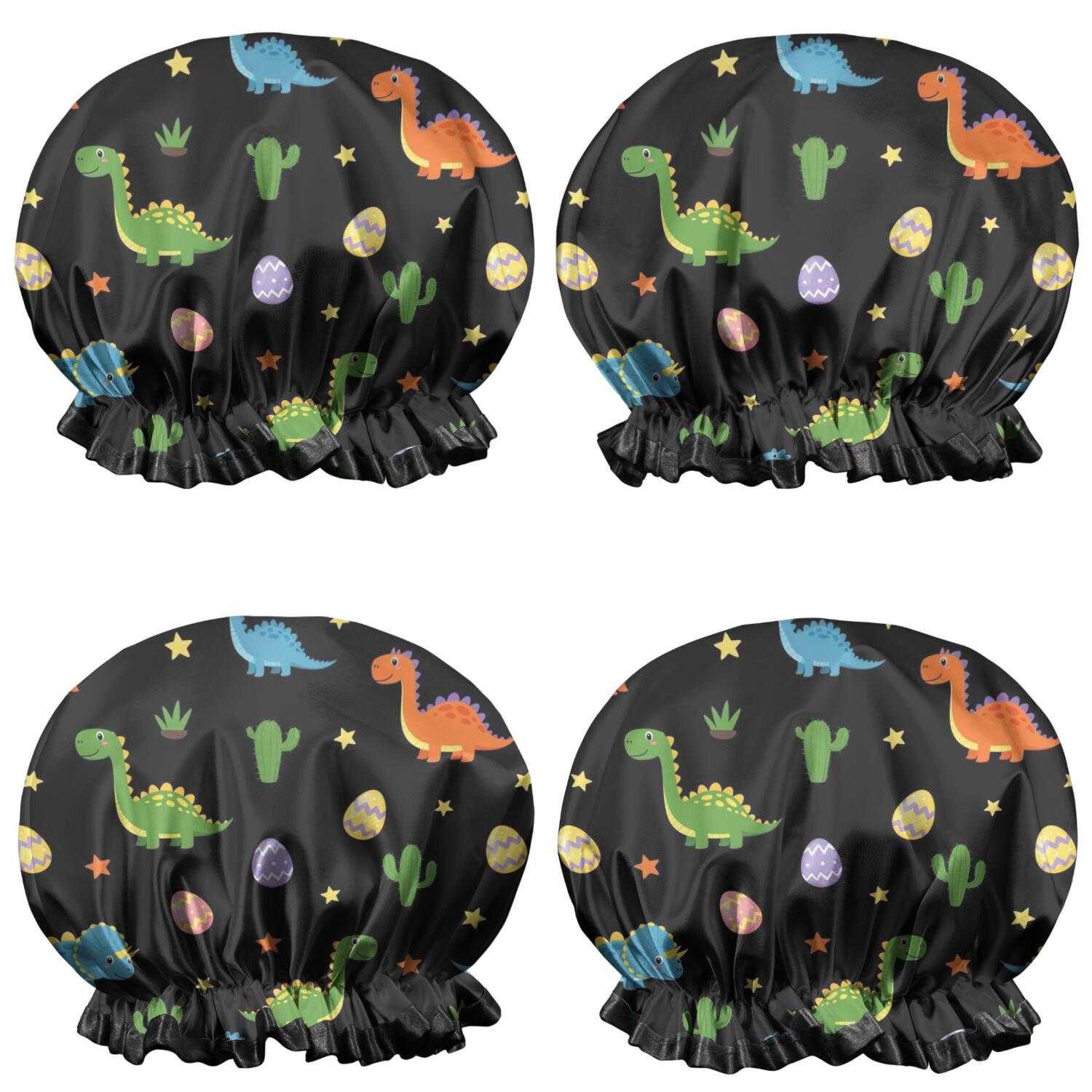 Shower Caps,Black Dinosaurs Eggs Cacti Pattern Waterproof Shower Cap for Women 4 Pieces,Double Reusable Hair Cover for Shower PEVA Elastic Stretch Hem