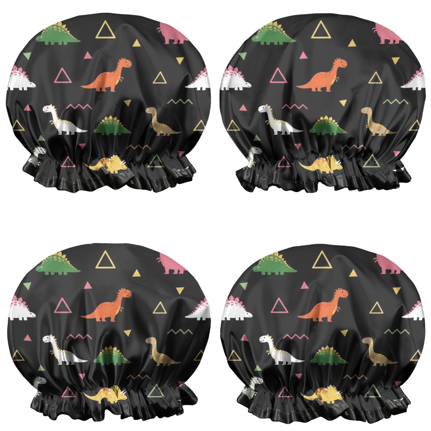 Shower Caps,Black Dinosaurs Geometric Pattern Waterproof Shower Cap for Women 4 Pieces,Double Reusable Hair Cover for Shower PEVA Elastic Stretch Hem