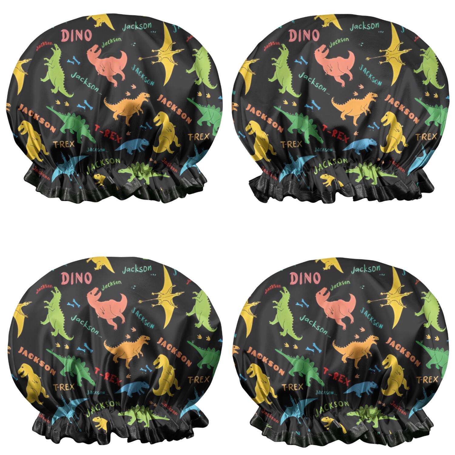 Shower Caps,Black Dinosaurs Jackson Text Pattern Waterproof Shower Cap for Women 4 Pieces,Double Reusable Hair Cover for Shower PEVA Elastic Stretch Hem
