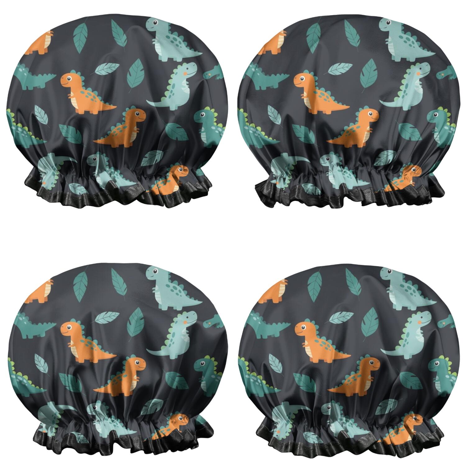 Shower Caps,Black Dinosaurs Leaves Pattern Waterproof Shower Cap for Women 4 Pieces,Double Reusable Hair Cover for Shower PEVA Elastic Stretch Hem
