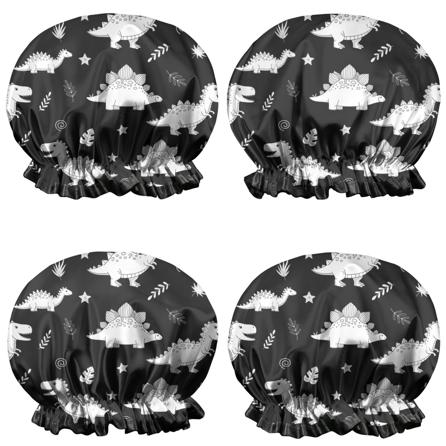 Shower Caps,Black Dinosaurs Leaves Stars Pattern Waterproof Shower Cap for Women 4 Pieces,Double Reusable Hair Cover for Shower PEVA Elastic Stretch Hem