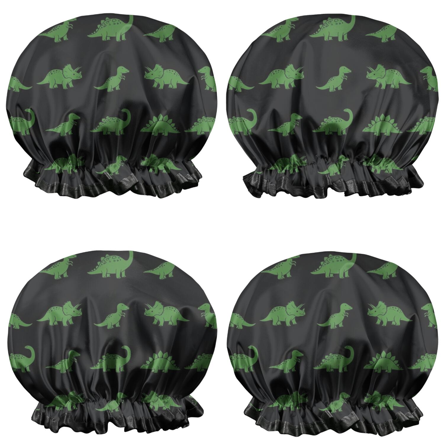 Shower Caps,Black Dinosaurs Neon Pattern Waterproof Shower Cap for Women 4 Pieces,Double Reusable Hair Cover for Shower PEVA Elastic Stretch Hem