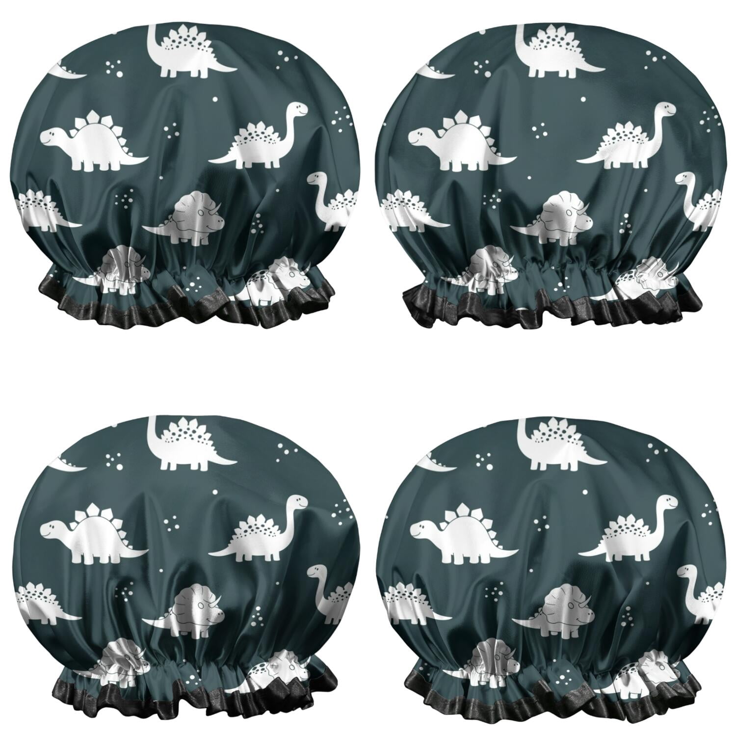 Shower Caps,Black Dinosaurs Silhouette Pattern Waterproof Shower Cap for Women 4 Pieces,Double Reusable Hair Cover for Shower PEVA Elastic Stretch Hem