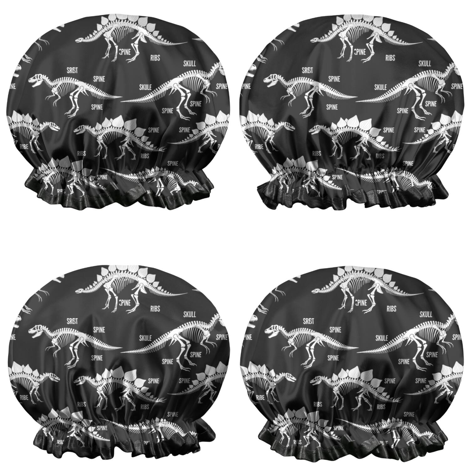Shower Caps,Black Dinosaurs Skeleton Text Pattern Waterproof Shower Cap for Women 4 Pieces,Double Reusable Hair Cover for Shower PEVA Elastic Stretch Hem