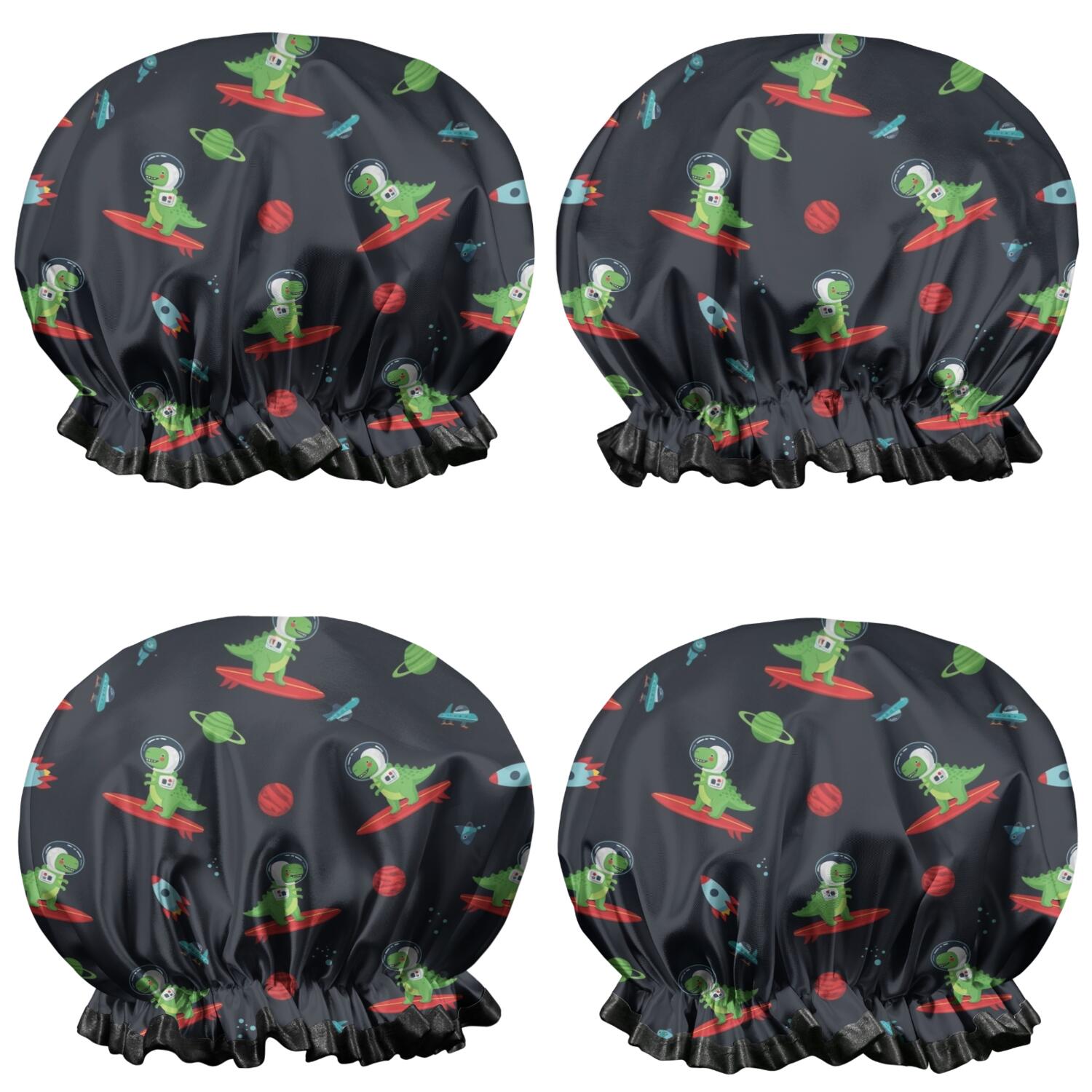Shower Caps,Black Dinosaurs Space Surfing Pattern Waterproof Shower Cap for Women 4 Pieces,Double Reusable Hair Cover for Shower PEVA Elastic Stretch Hem