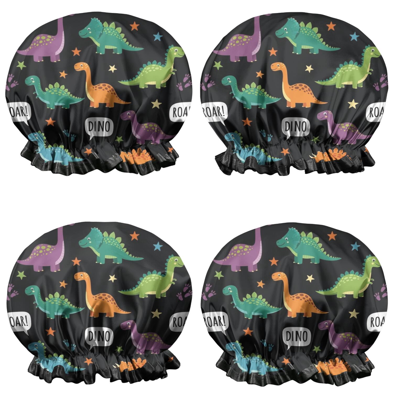 Shower Caps,Black Dinosaurs Speech Bubbles Pattern Waterproof Shower Cap for Women 4 Pieces,Double Reusable Hair Cover for Shower PEVA Elastic Stretch Hem