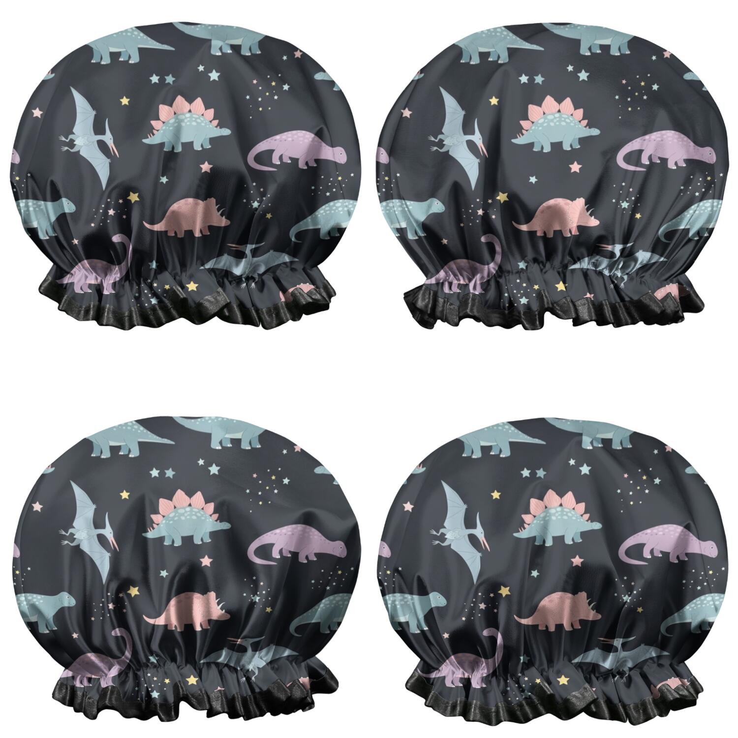 Shower Caps,Black Dinosaurs Stars Pterosaurs Pattern Waterproof Shower Cap for Women 4 Pieces,Double Reusable Hair Cover for Shower PEVA Elastic Stretch Hem