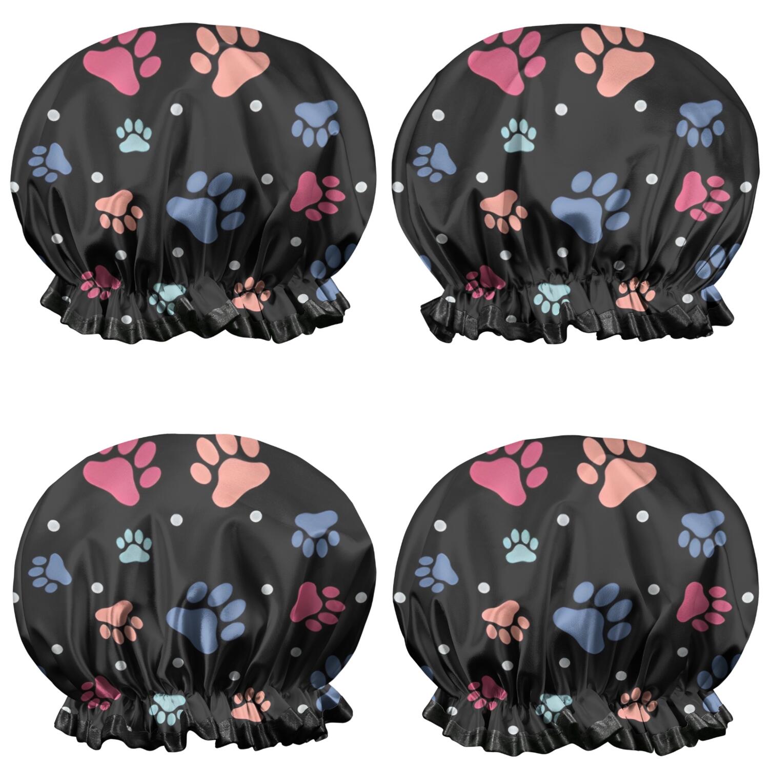 Shower Caps,Black Dog Paw Footprint Waterproof Shower Cap for Women 4 Pieces,Double Reusable Hair Cover for Shower PEVA Elastic Stretch Hem
