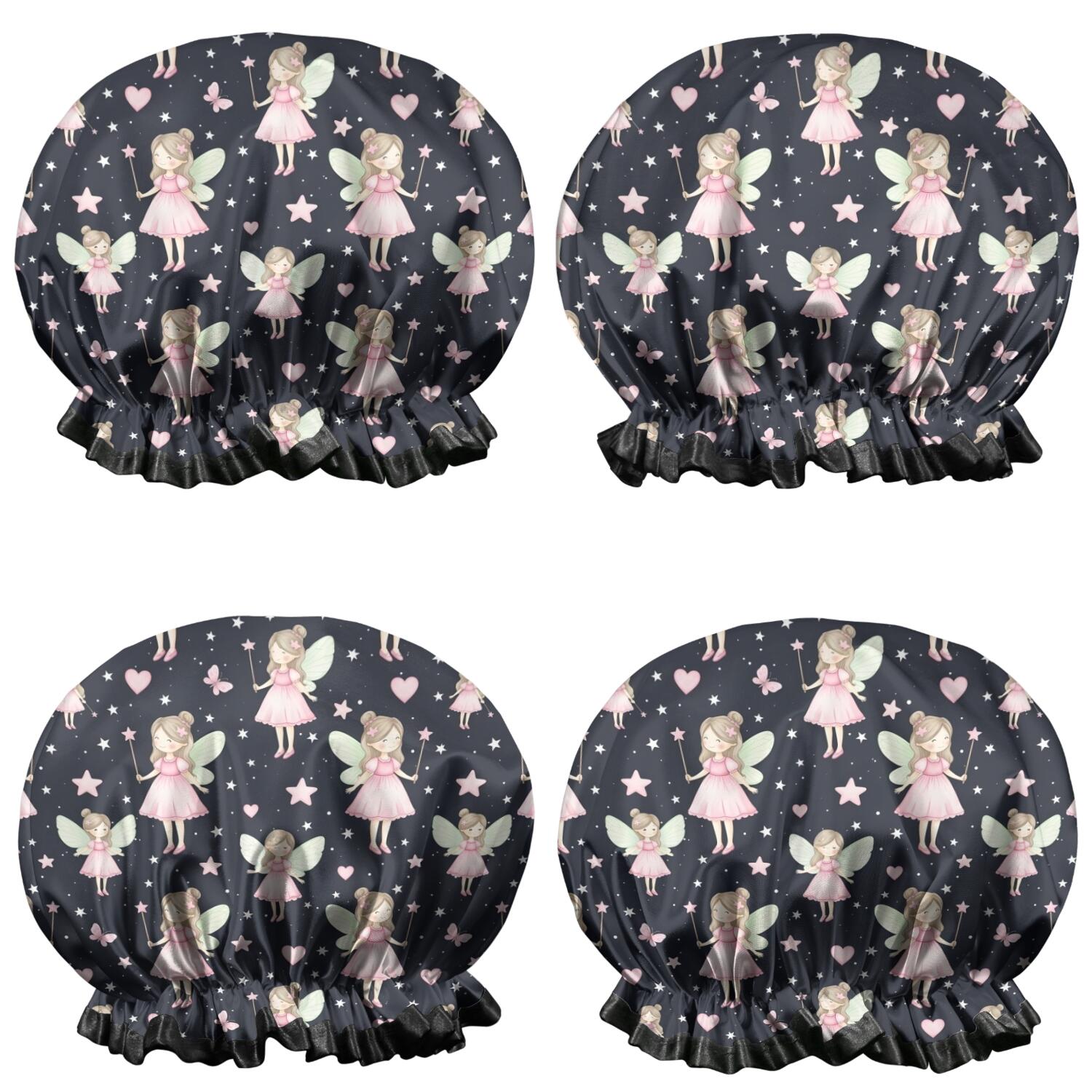 Shower Caps,Black Fairy Star Pattern Waterproof Shower Cap for Women 4 Pieces,Double Reusable Hair Cover for Shower PEVA Elastic Stretch Hem