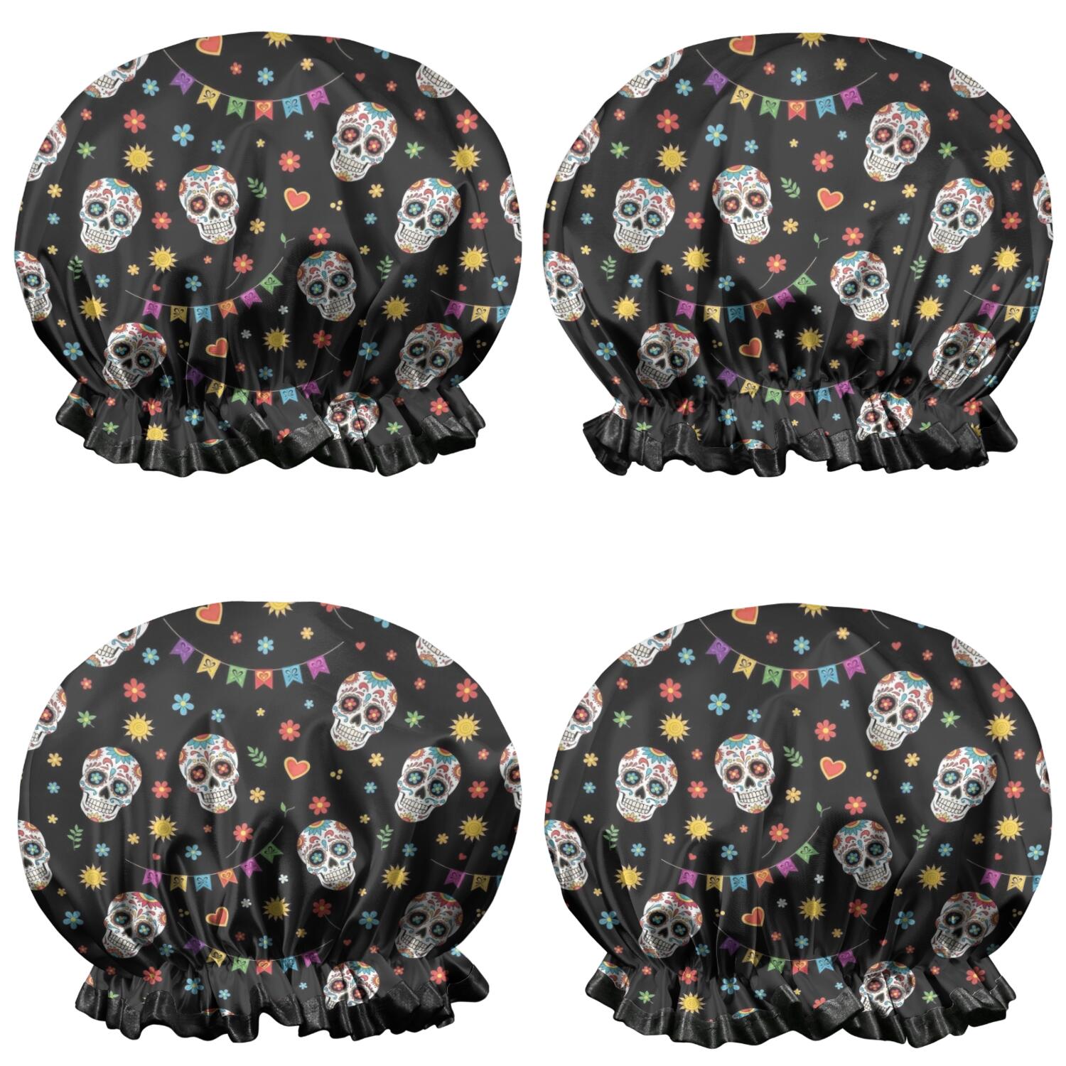 Shower Caps,Black Festive Skull Pattern Waterproof Shower Cap for Women 4 Pieces,Double Reusable Hair Cover for Shower PEVA Elastic Stretch Hem