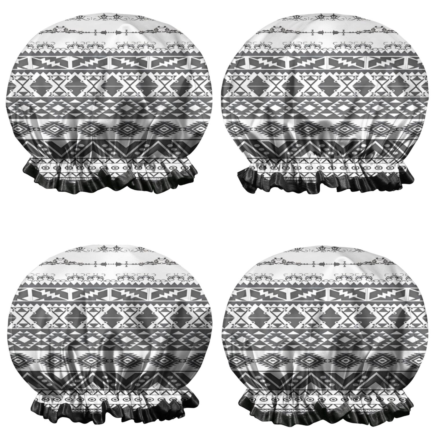 Shower Caps,Black Geometric Diamond Striped Pattern Waterproof Shower Cap for Women 4 Pieces,Double Reusable Hair Cover for Shower PEVA Elastic Stretch Hem