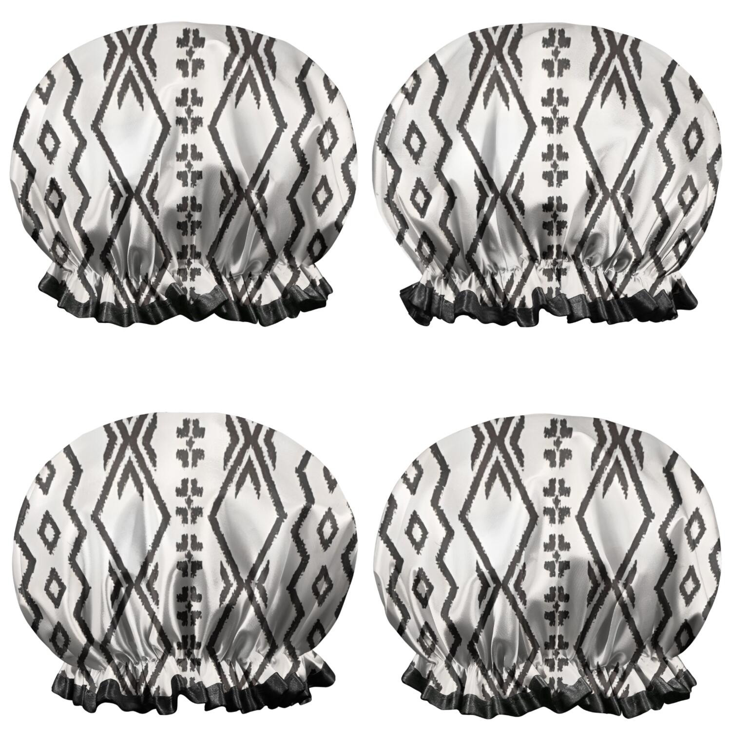 Shower Caps,Black Geometric Flower Diamond Pattern Waterproof Shower Cap for Women 4 Pieces,Double Reusable Hair Cover for Shower PEVA Elastic Stretch Hem