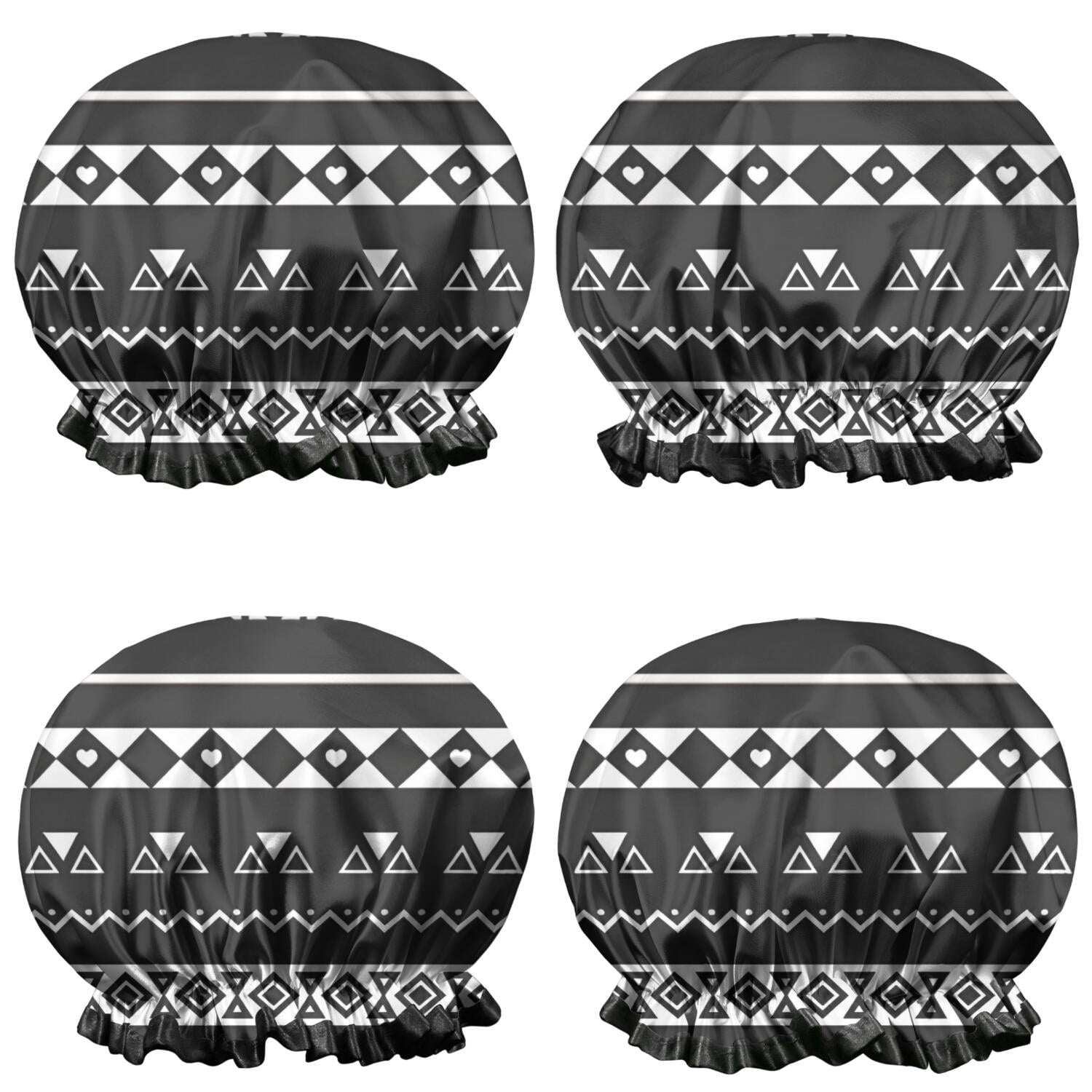 Shower Caps,Black Geometric Striped Pattern with Hearts Waterproof Shower Cap for Women 4 Pieces,Double Reusable Hair Cover for Shower PEVA Elastic Stretch Hem