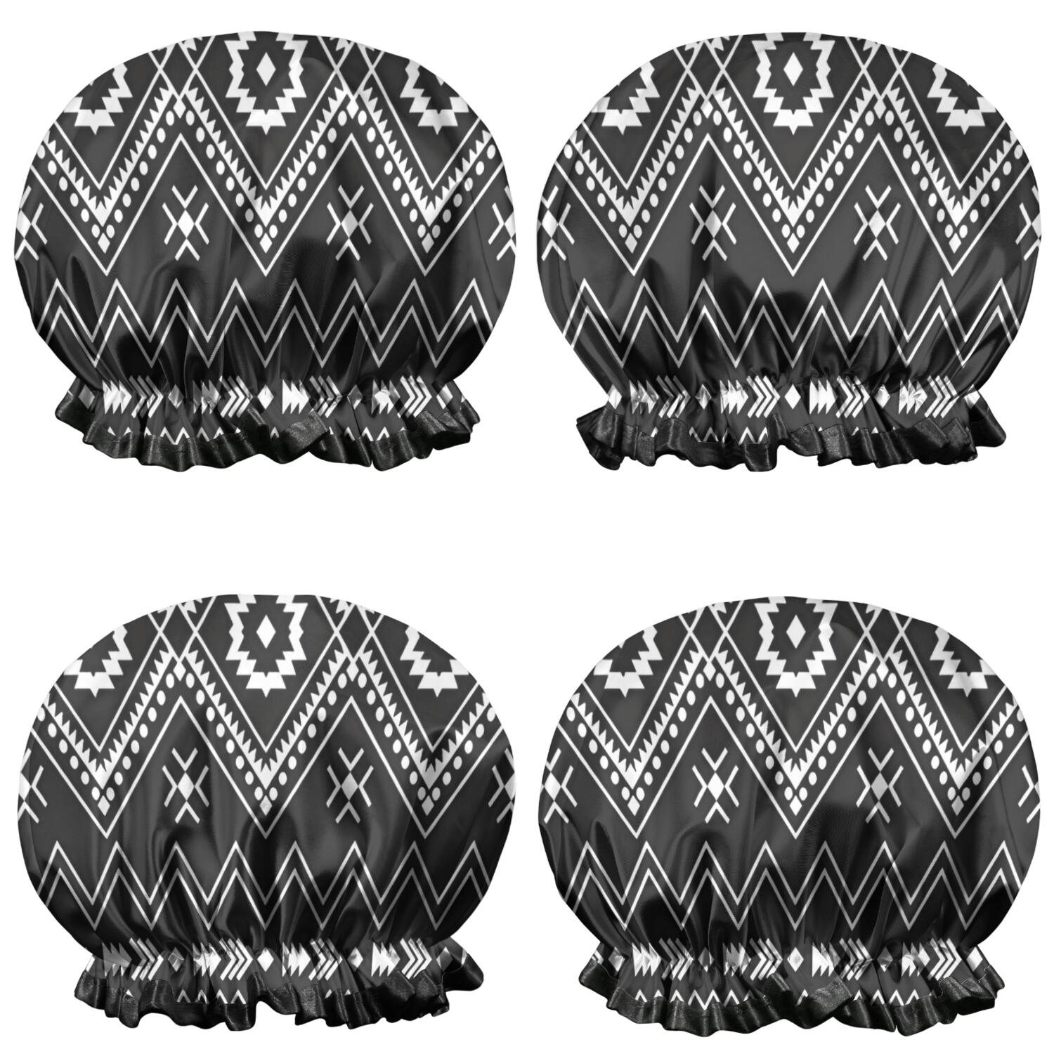 Shower Caps,Black Geometric Striped Pattern Waterproof Shower Cap for Women 4 Pieces,Double Reusable Hair Cover for Shower PEVA Elastic Stretch Hem