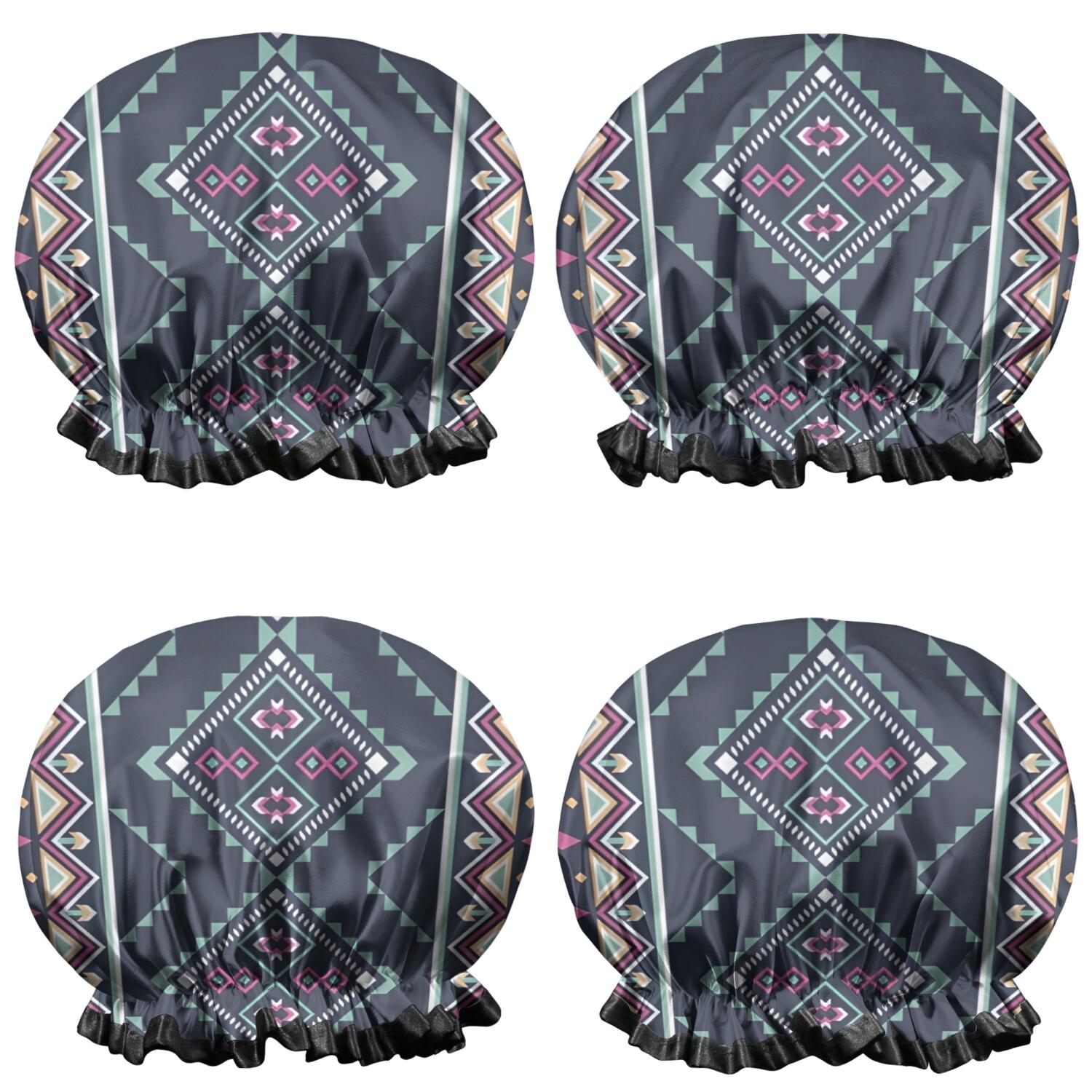 Shower Caps,Black Geometric Striped Pattern Waterproof Shower Cap for Women 4 Pieces,Double Reusable Hair Cover for Shower PEVA Elastic Stretch Hem