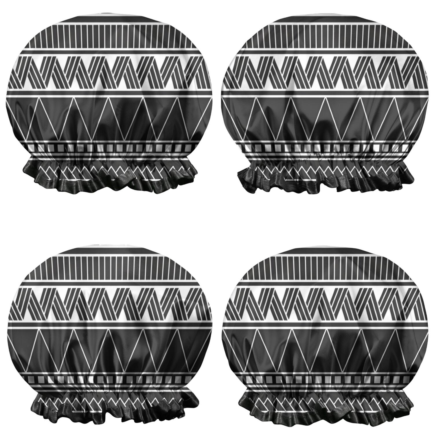 Shower Caps,Black Geometric Striped Pattern Waterproof Shower Cap for Women 4 Pieces,Double Reusable Hair Cover for Shower PEVA Elastic Stretch Hem