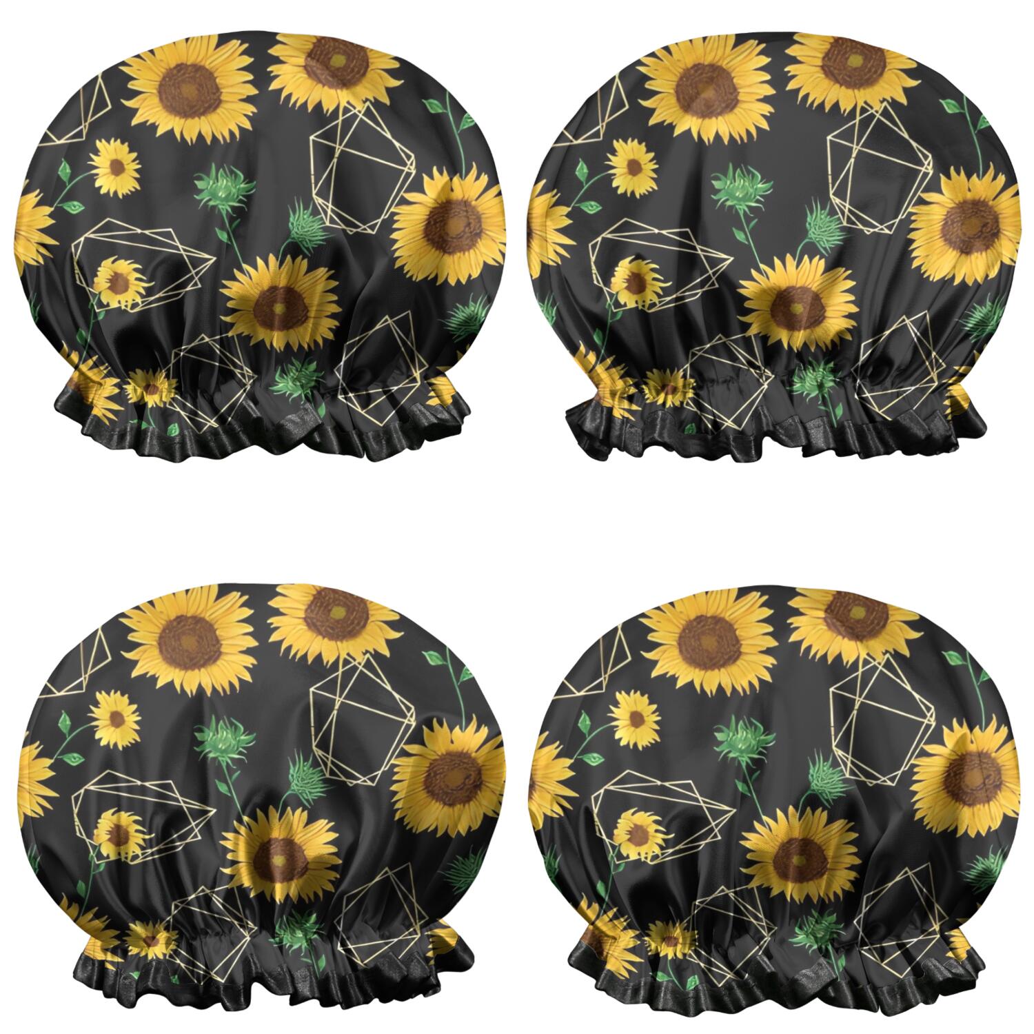 Shower Caps,Black Geometric Sunflower Pattern Waterproof Shower Cap for Women 4 Pieces,Double Reusable Hair Cover for Shower PEVA Elastic Stretch Hem