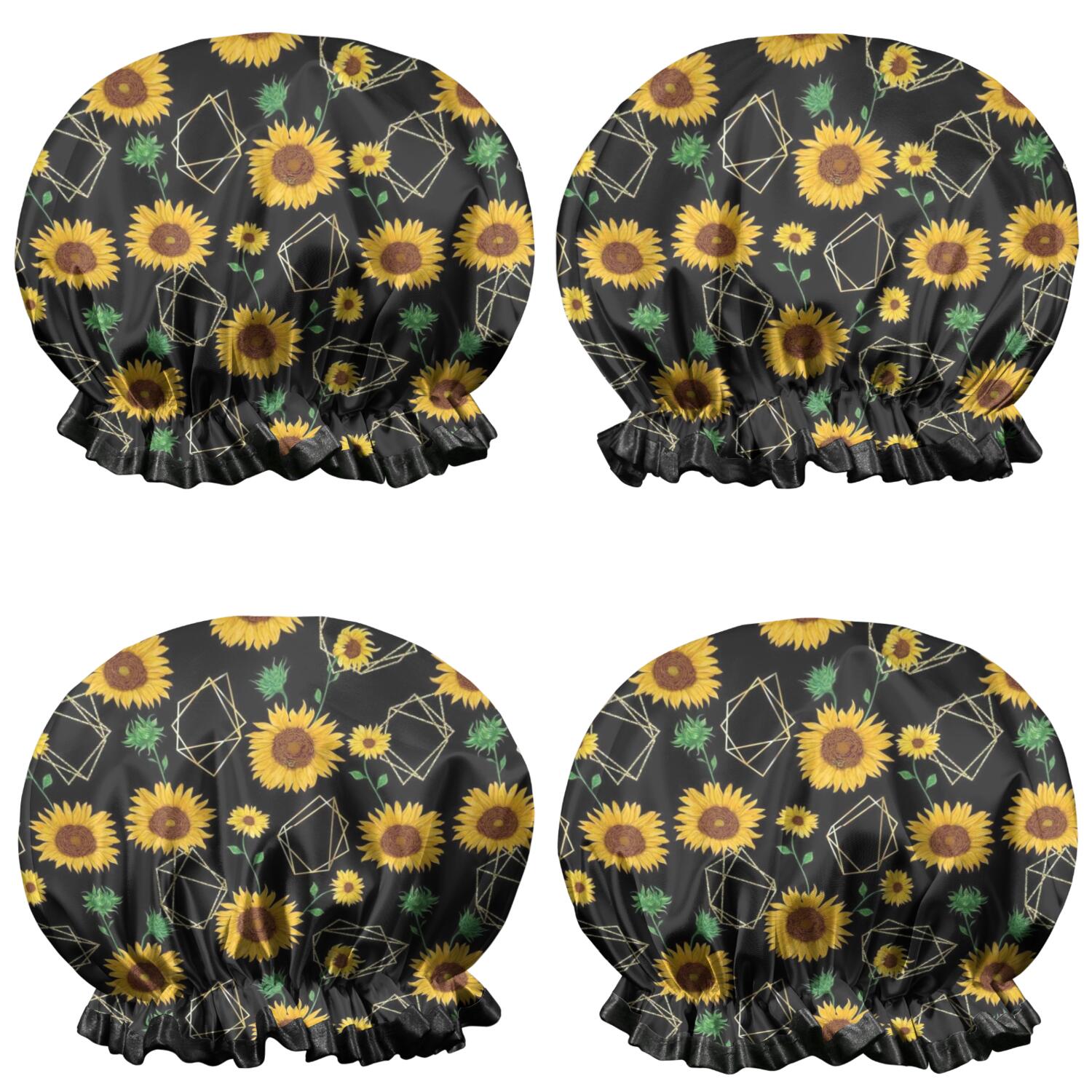 Shower Caps,Black Geometric Sunflower Pattern Waterproof Shower Cap for Women 4 Pieces,Double Reusable Hair Cover for Shower PEVA Elastic Stretch Hem
