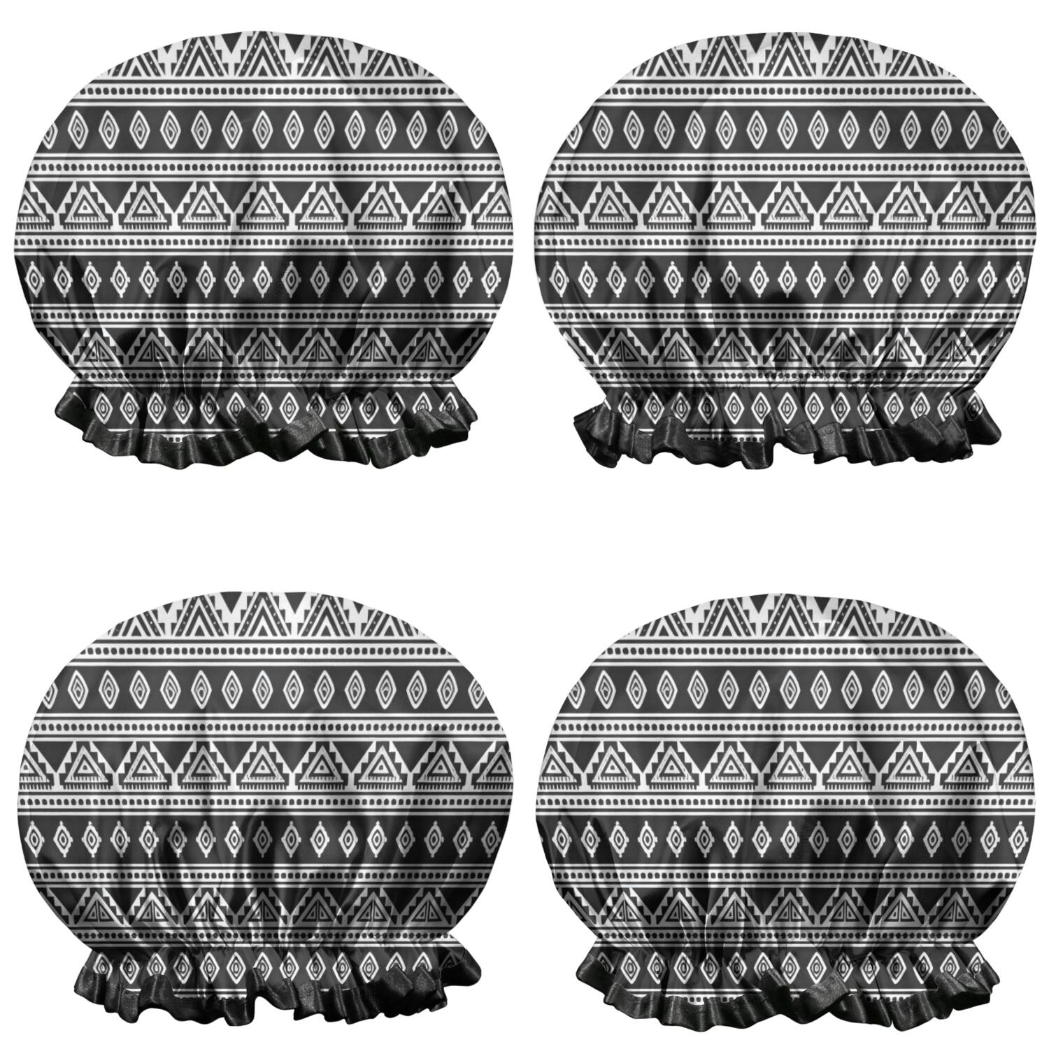 Shower Caps,Black Geometric Triangle Diamond Pattern Waterproof Shower Cap for Women 4 Pieces,Double Reusable Hair Cover for Shower PEVA Elastic Stretch Hem