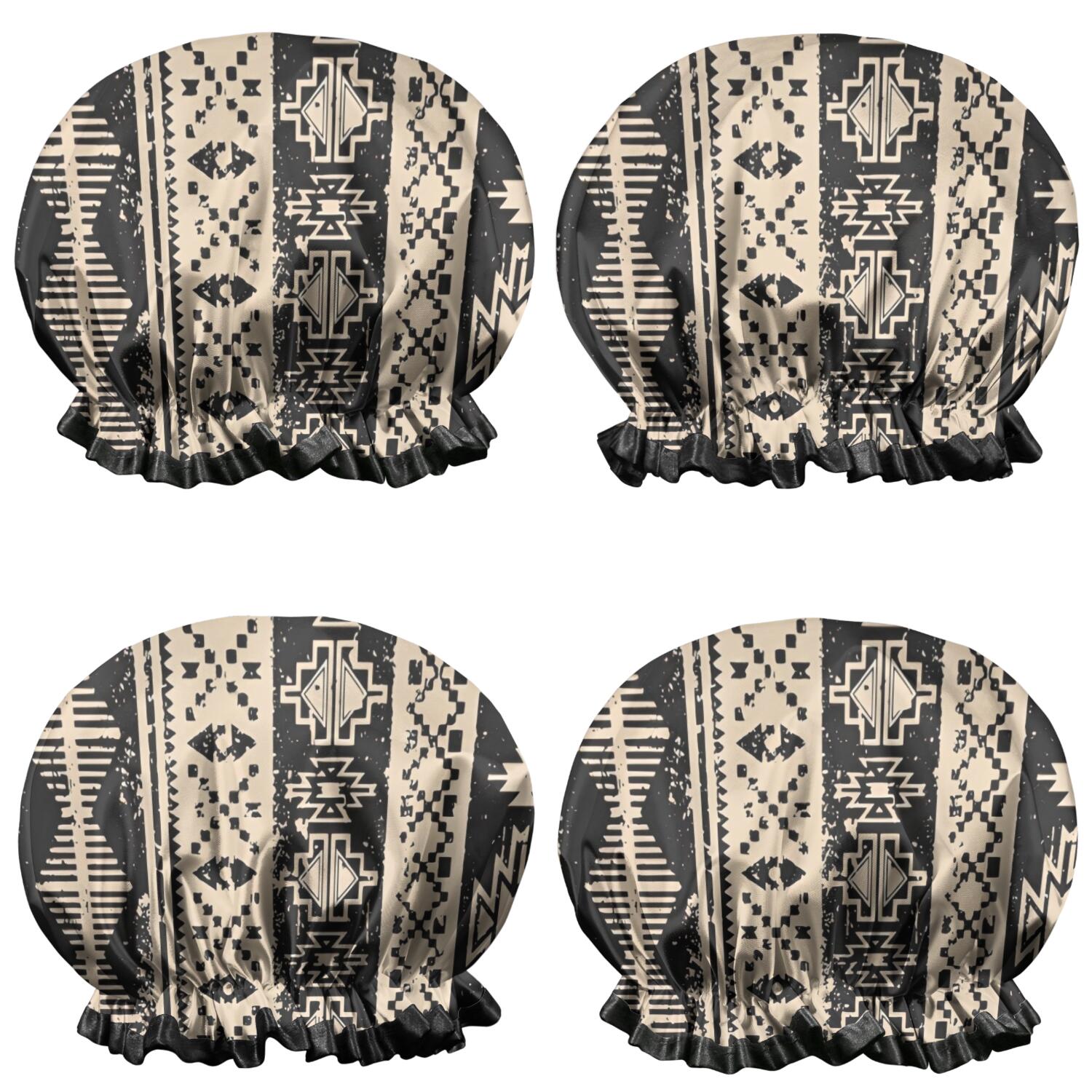 Shower Caps,Black Geometric Triangle Diamond Pattern Waterproof Shower Cap for Women 4 Pieces,Double Reusable Hair Cover for Shower PEVA Elastic Stretch Hem