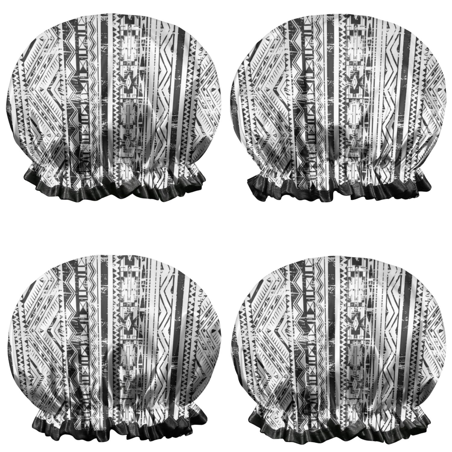 Shower Caps,Black Geometric Triangle Diamond Pattern Waterproof Shower Cap for Women 4 Pieces,Double Reusable Hair Cover for Shower PEVA Elastic Stretch Hem