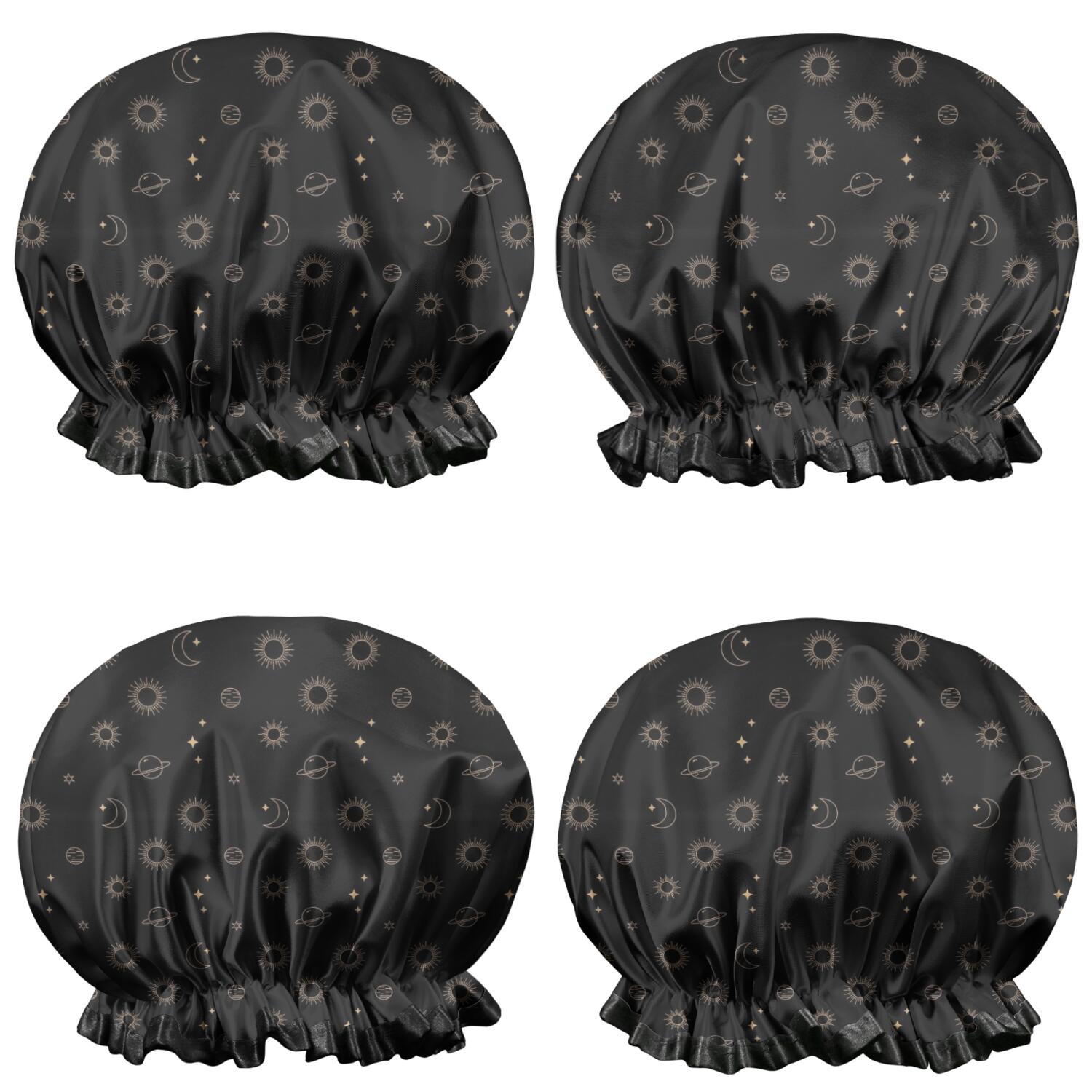 Shower Caps,Black Gold Sun Moon Planet Pattern Waterproof Shower Cap for Women 4 Pieces,Double Reusable Hair Cover for Shower PEVA Elastic Stretch Hem