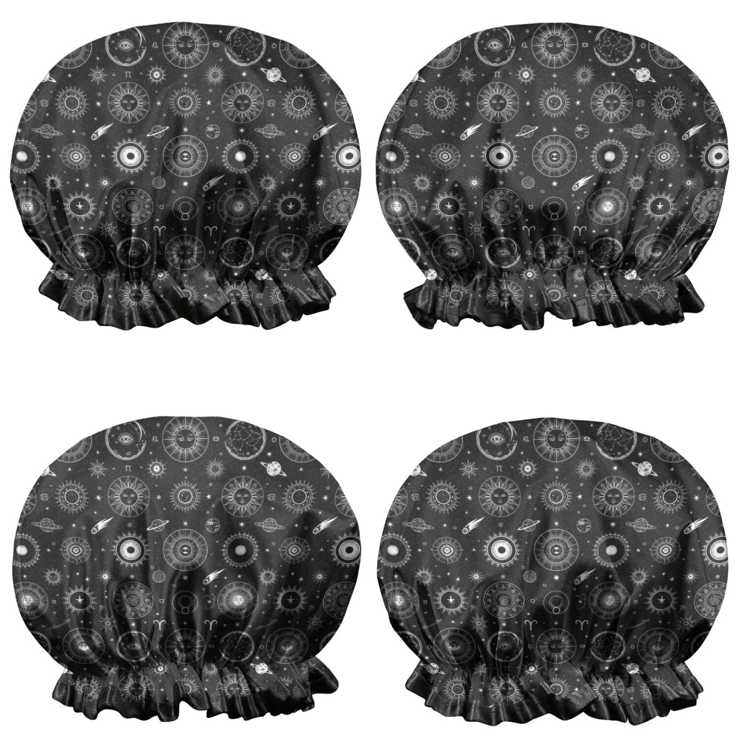 Shower Caps,Black Gothic Astrology Symbol Pattern Waterproof Shower Cap for Women 4 Pieces,Double Reusable Hair Cover for Shower PEVA Elastic Stretch Hem