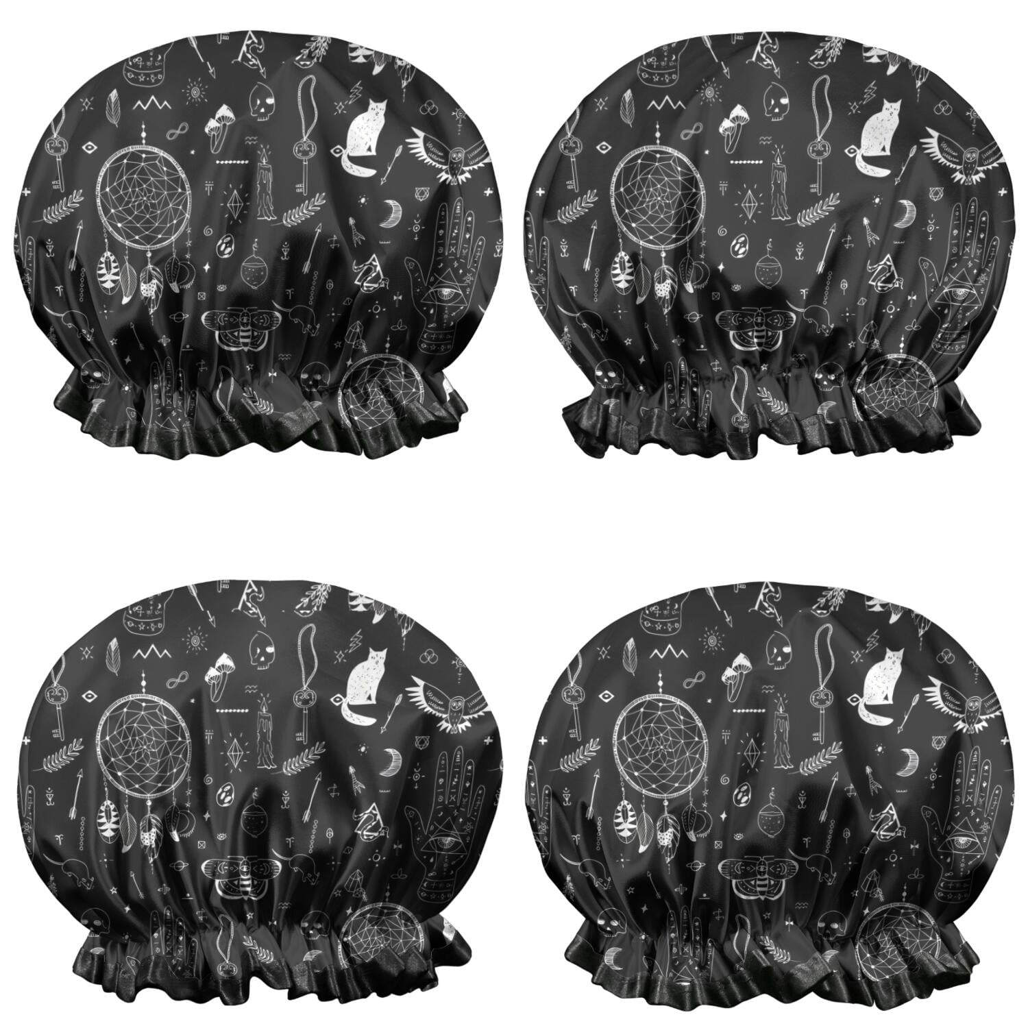 Shower Caps,Black Gothic Cat Dreamcatcher Pattern Waterproof Shower Cap for Women 4 Pieces,Double Reusable Hair Cover for Shower PEVA Elastic Stretch Hem