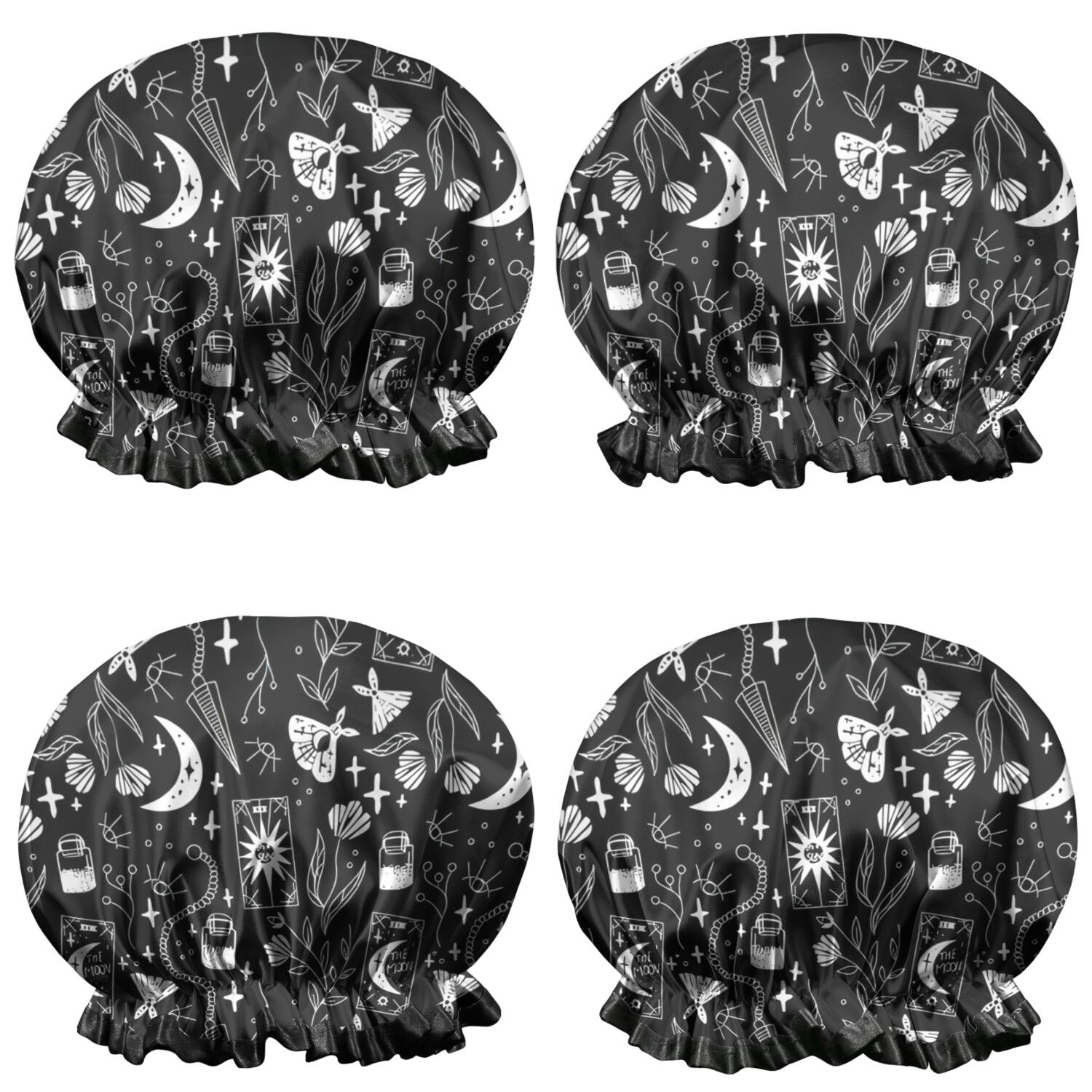 Shower Caps,Black Gothic Moon Card Moth Pattern Waterproof Shower Cap for Women 4 Pieces,Double Reusable Hair Cover for Shower PEVA Elastic Stretch Hem