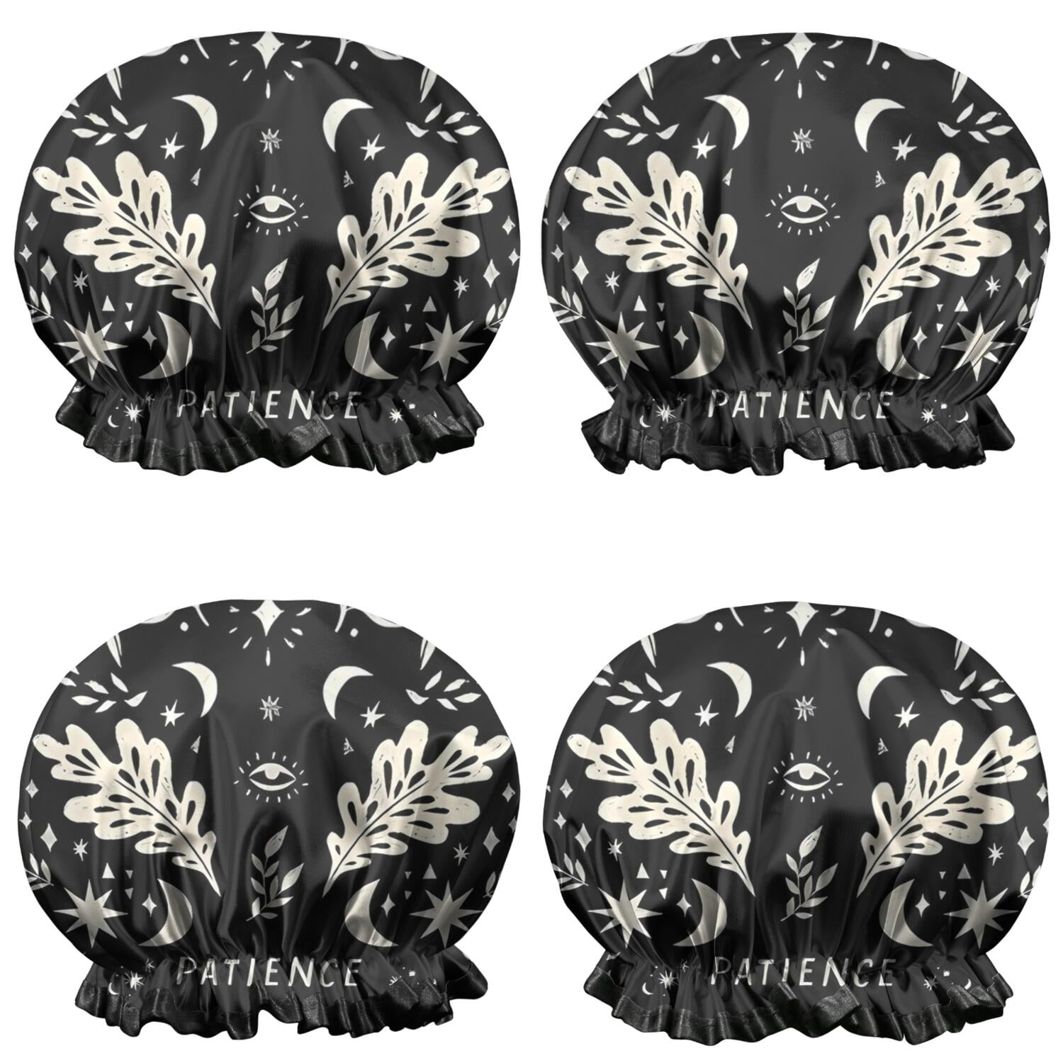 Shower Caps,Black Gothic Moon Flower Star Pattern Waterproof Shower Cap for Women 4 Pieces,Double Reusable Hair Cover for Shower PEVA Elastic Stretch Hem