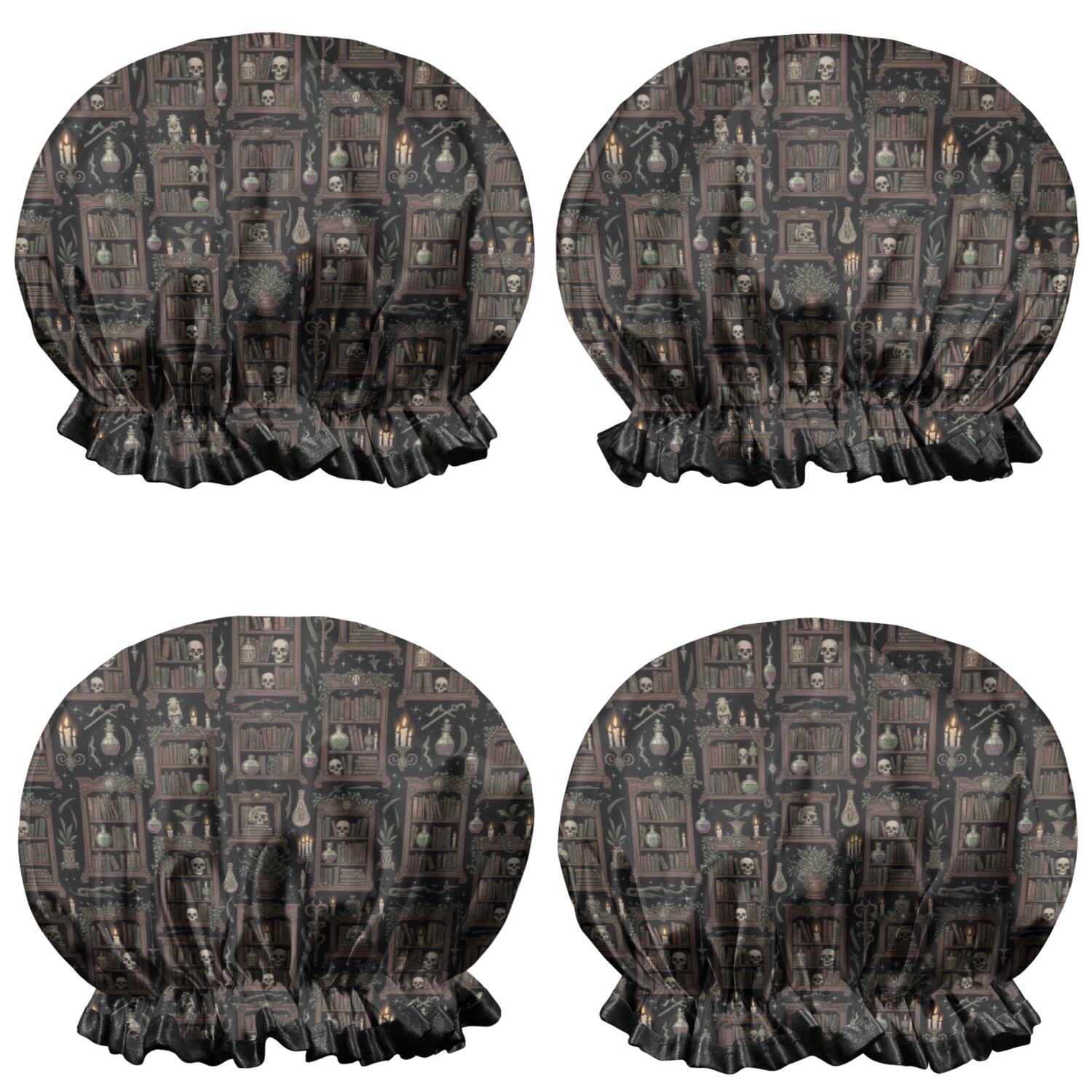 Shower Caps,Black Gothic Skull Bookcase Pattern Waterproof Shower Cap for Women 4 Pieces,Double Reusable Hair Cover for Shower PEVA Elastic Stretch Hem