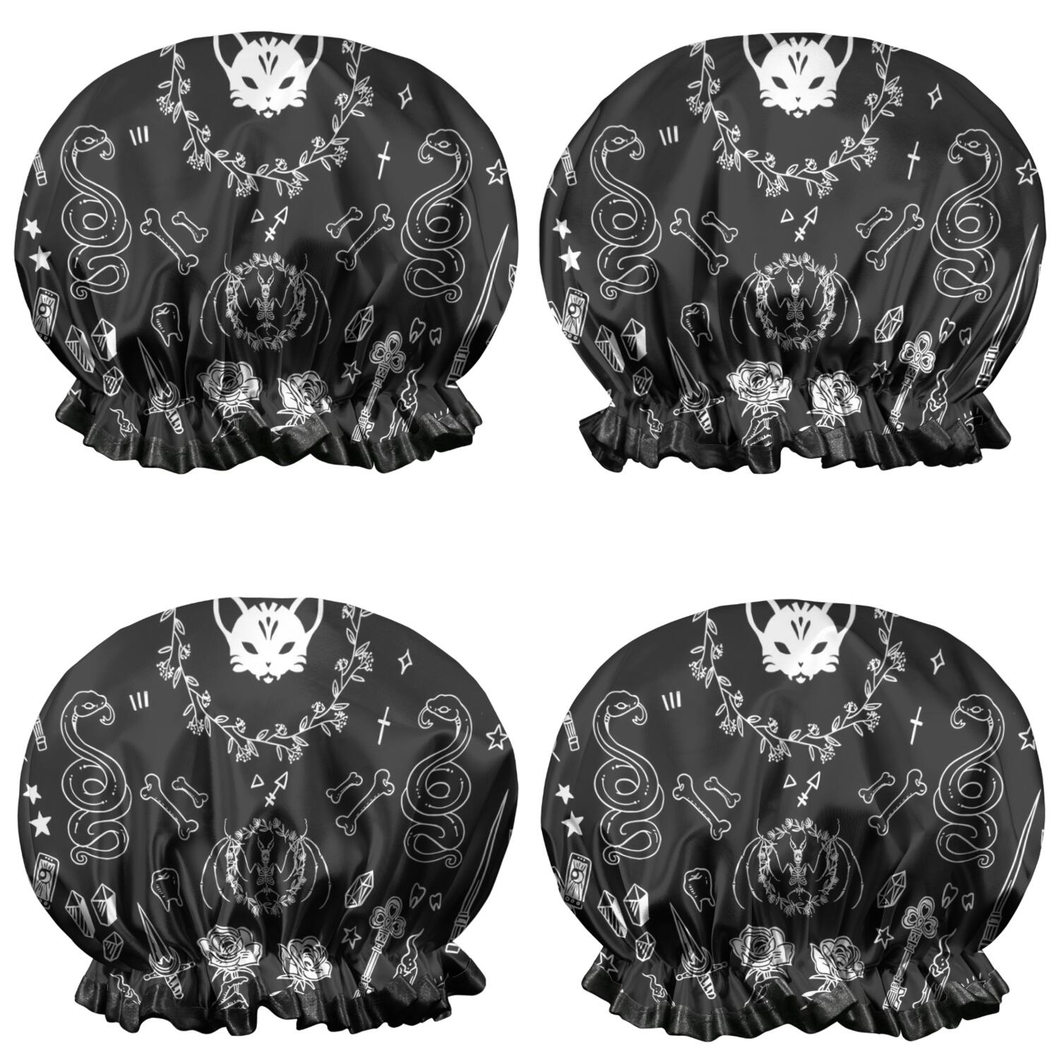 Shower Caps,Black Gothic Skull Cat Pattern Waterproof Shower Cap for Women 4 Pieces,Double Reusable Hair Cover for Shower PEVA Elastic Stretch Hem