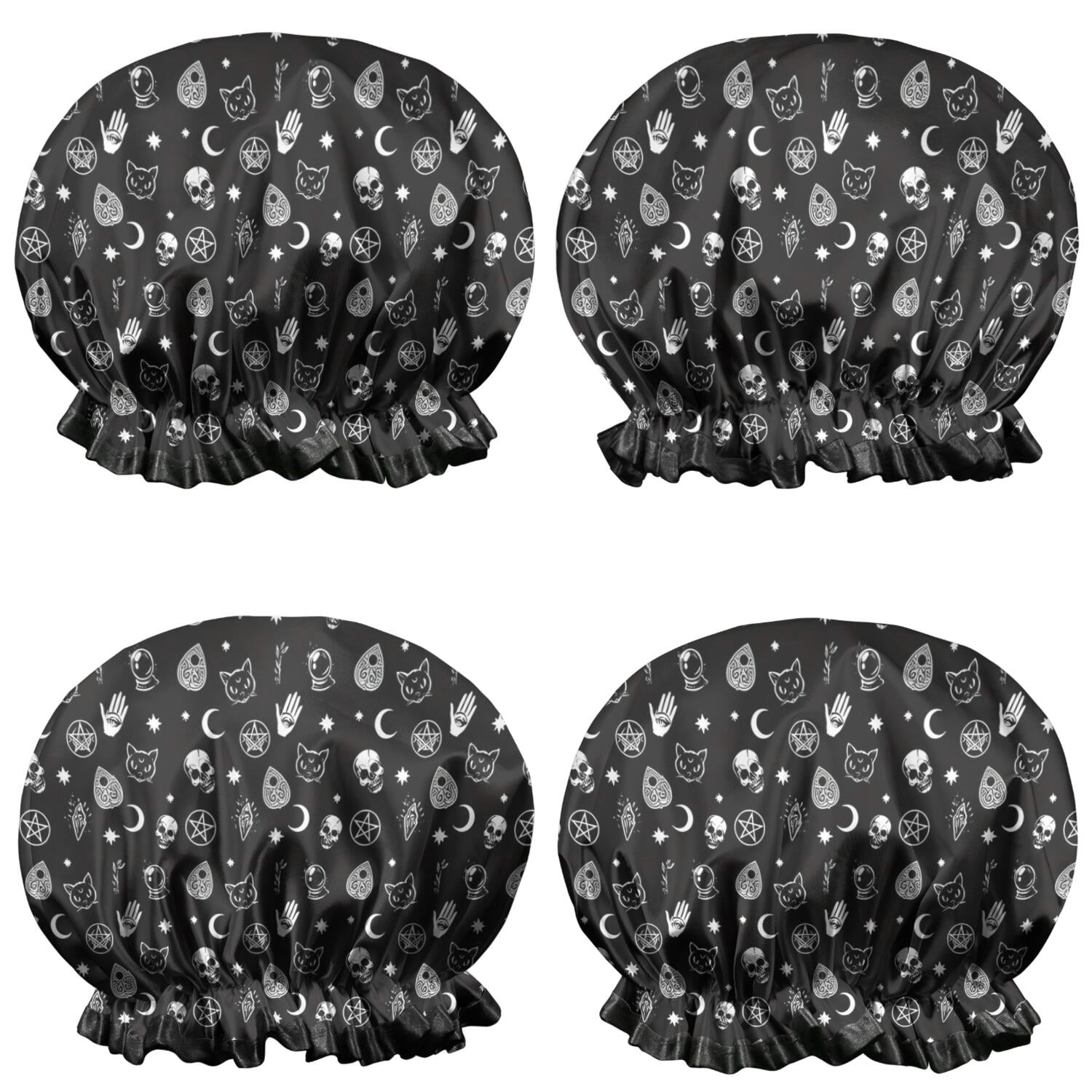 Shower Caps,Black Gothic Skull Cat Pattern Waterproof Shower Cap for Women 4 Pieces,Double Reusable Hair Cover for Shower PEVA Elastic Stretch Hem