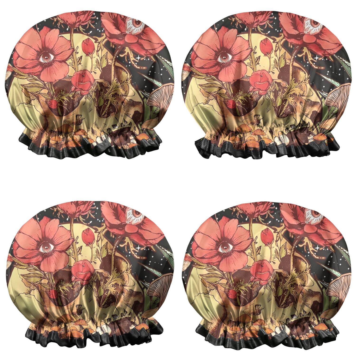 Shower Caps,Black Gothic Skull Flower Pattern Waterproof Shower Cap for Women 4 Pieces,Double Reusable Hair Cover for Shower PEVA Elastic Stretch Hem