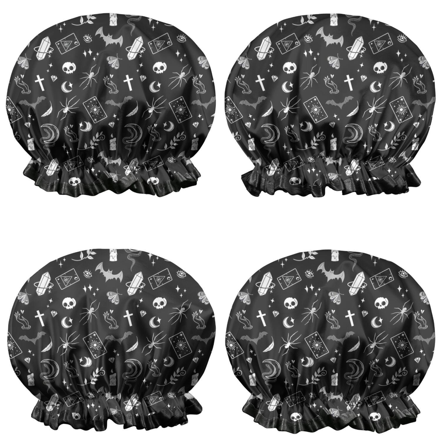 Shower Caps,Black Gothic Skull Spider Pattern Waterproof Shower Cap for Women 4 Pieces,Double Reusable Hair Cover for Shower PEVA Elastic Stretch Hem
