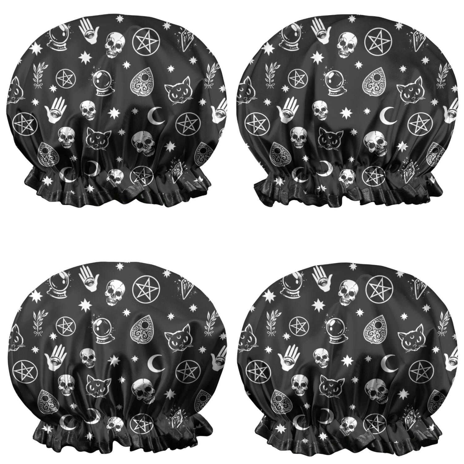 Shower Caps,Black Gothic Skull Star Pattern Waterproof Shower Cap for Women 4 Pieces,Double Reusable Hair Cover for Shower PEVA Elastic Stretch Hem