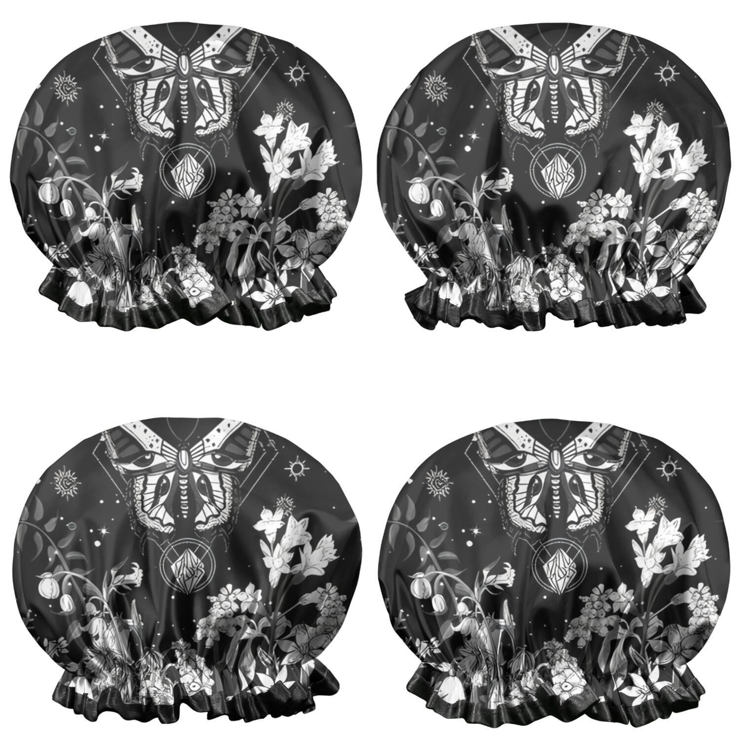 Shower Caps,Black Gothic Sun Moon Flower Pattern Waterproof Shower Cap for Women 4 Pieces,Double Reusable Hair Cover for Shower PEVA Elastic Stretch Hem