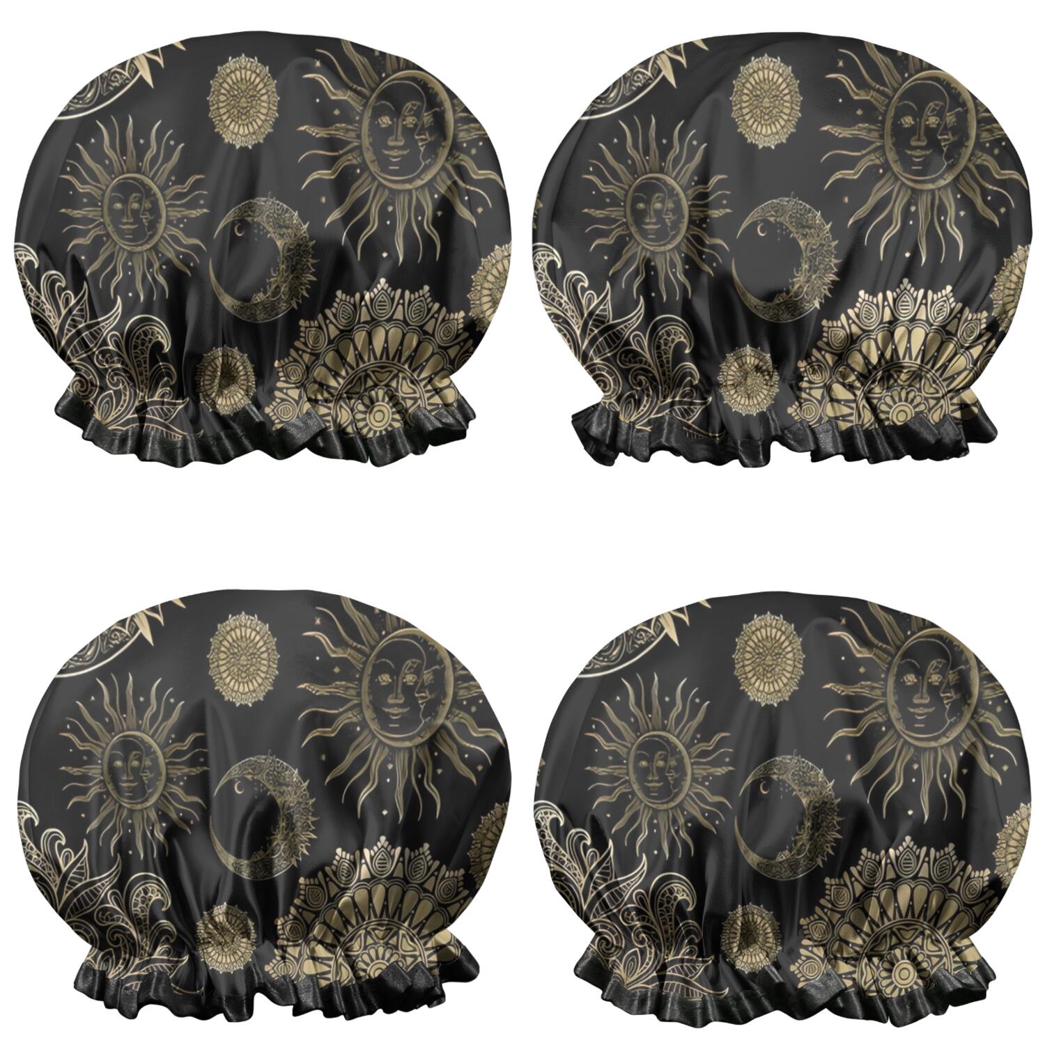 Shower Caps,Black Gothic Sun Moon Pattern Waterproof Shower Cap for Women 4 Pieces,Double Reusable Hair Cover for Shower PEVA Elastic Stretch Hem